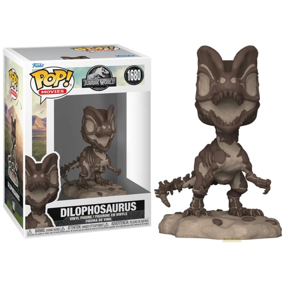 Una figura Funko Pop de Dilophosaurus esquelética, color marrón, con caja.