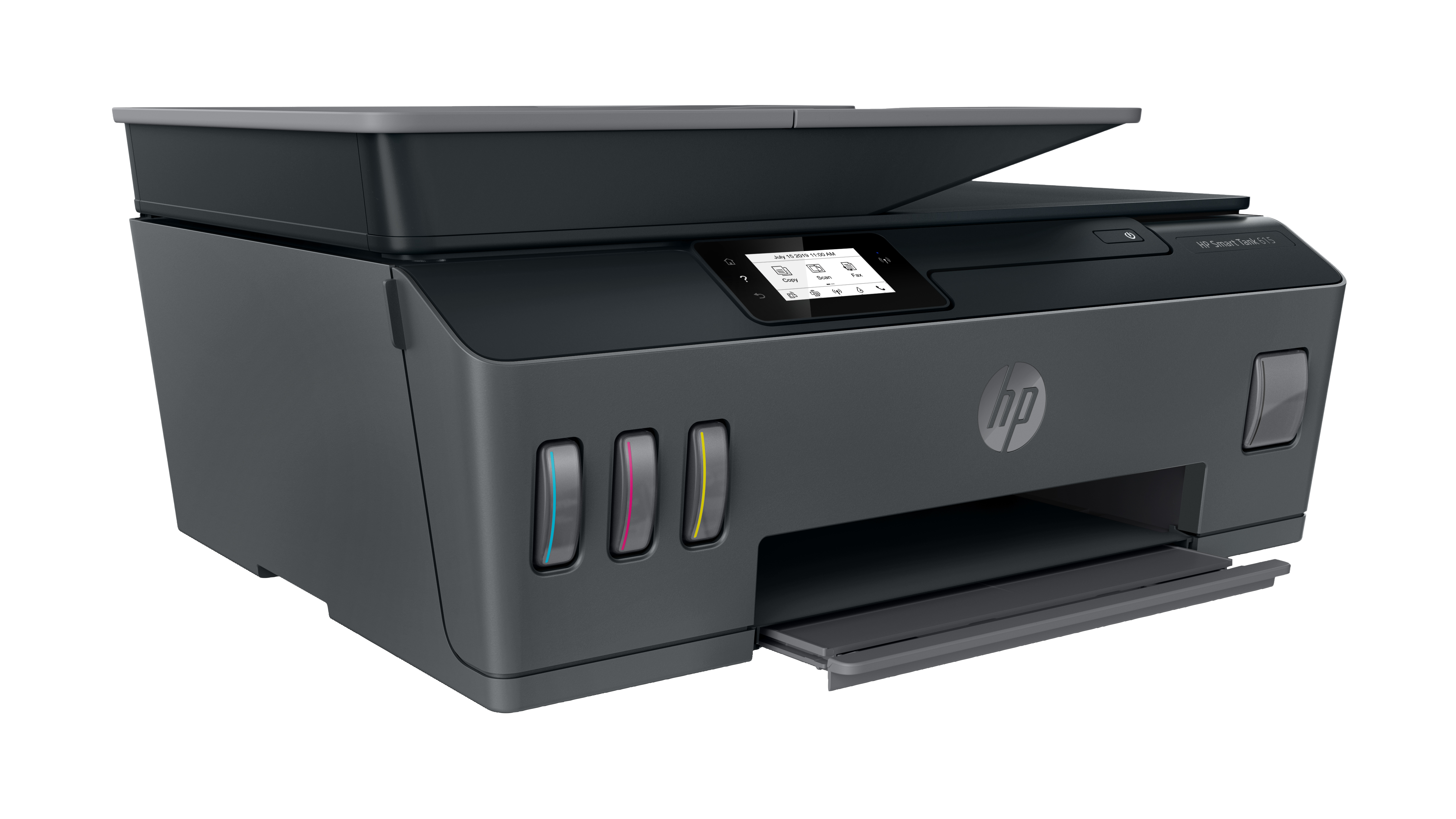 Renk ekranlı ve görünür mürekkep tanklı gri HP Smart Tank 615 yazıcı.