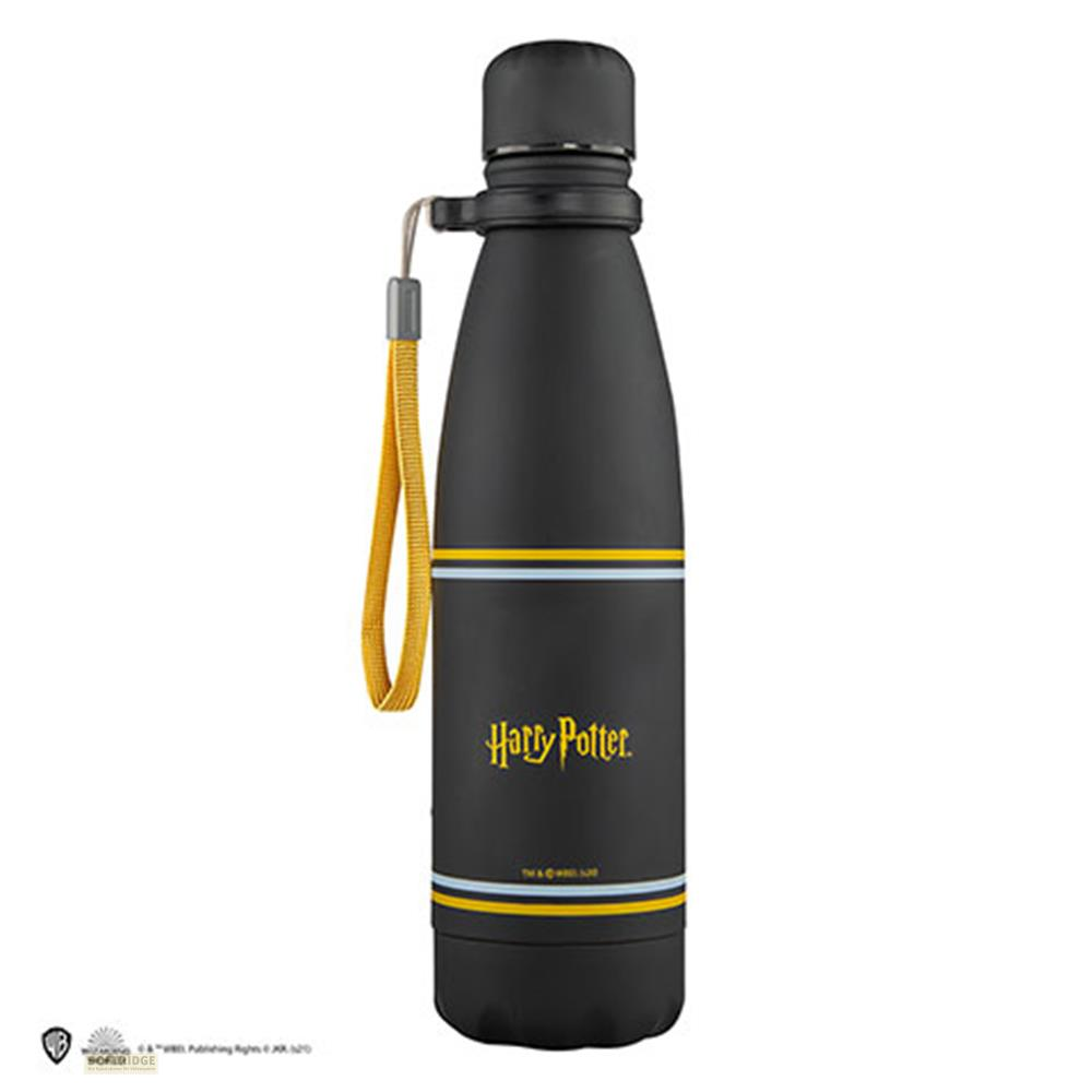 Schwarze Harry Potter Thermoskanne mit gelbem Band und Streifen.