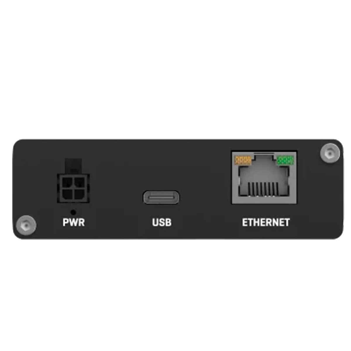 Zwart apparaat met PWR-, USB- en Ethernet-poorten.