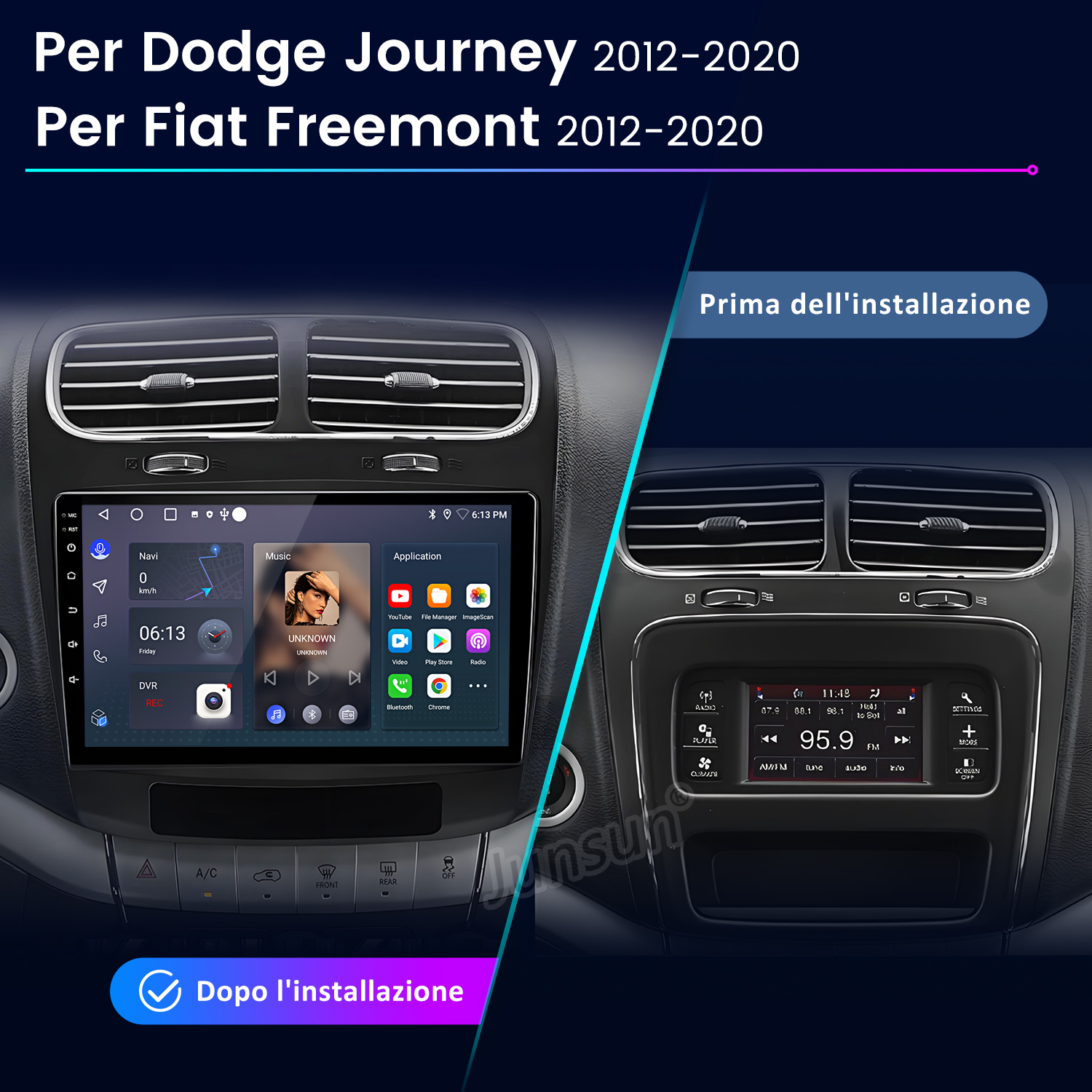 Sistemi di infotainment per auto prima e dopo l'installazione per Dodge Journey/Fiat.