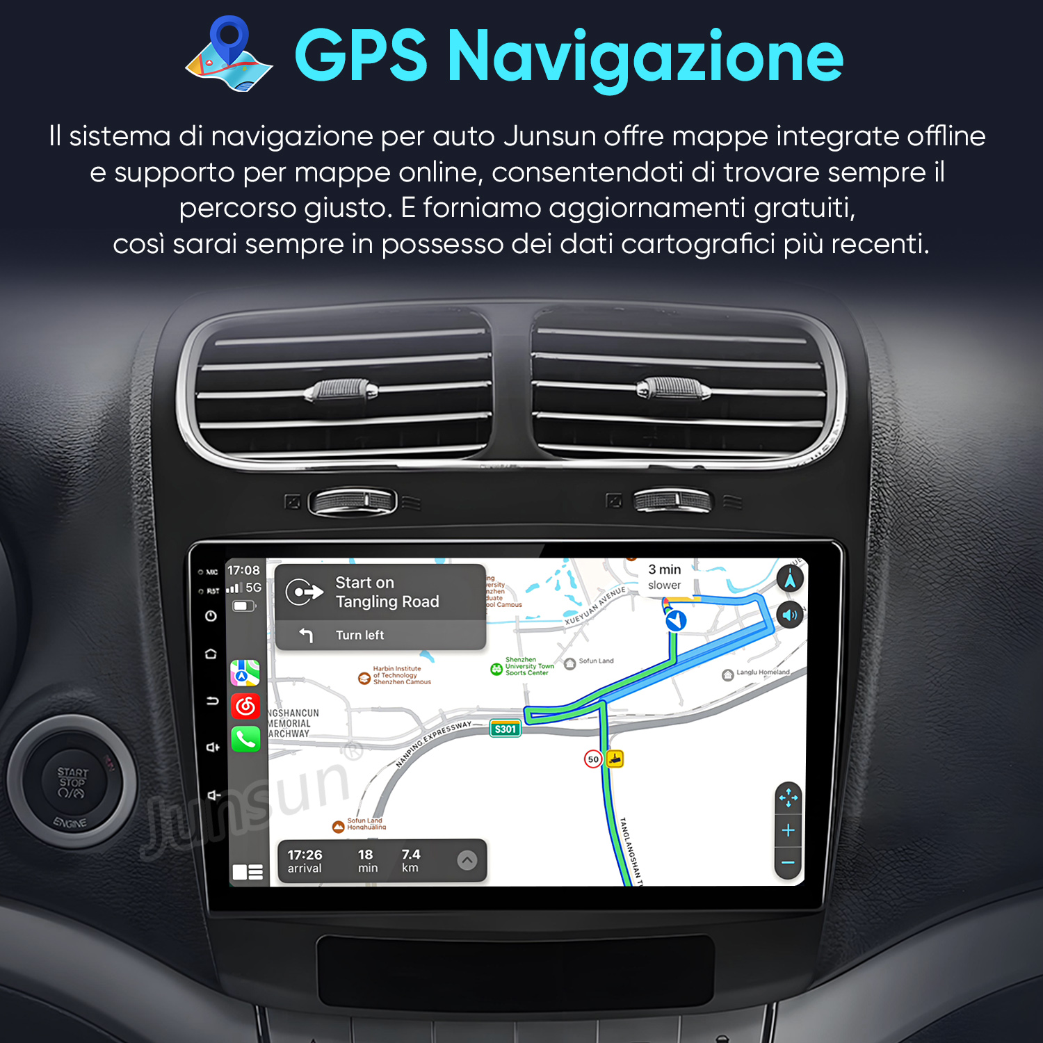 Un sistema di navigazione per auto mostra una mappa con un percorso e indicazioni.