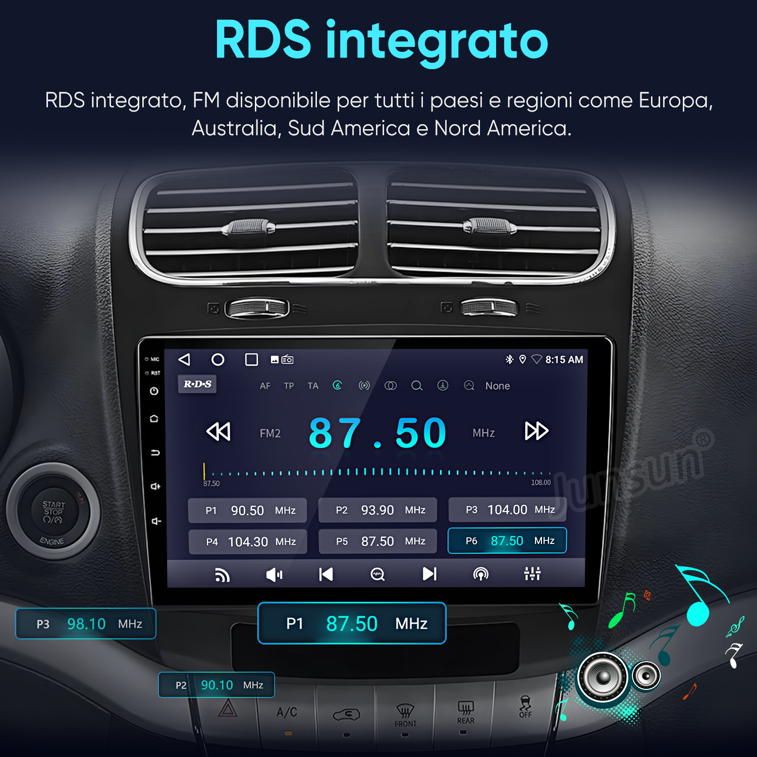 Interno auto con display radio digitale che mostra 87.50 MHz.