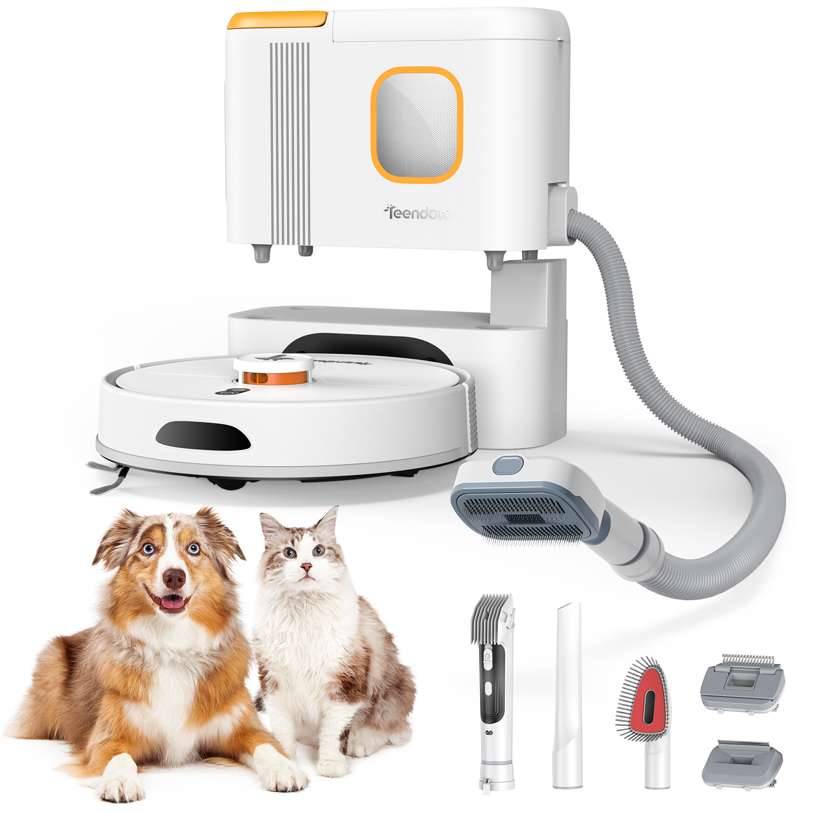 Un robot aspirapolvere bianco con accessori e due animali.