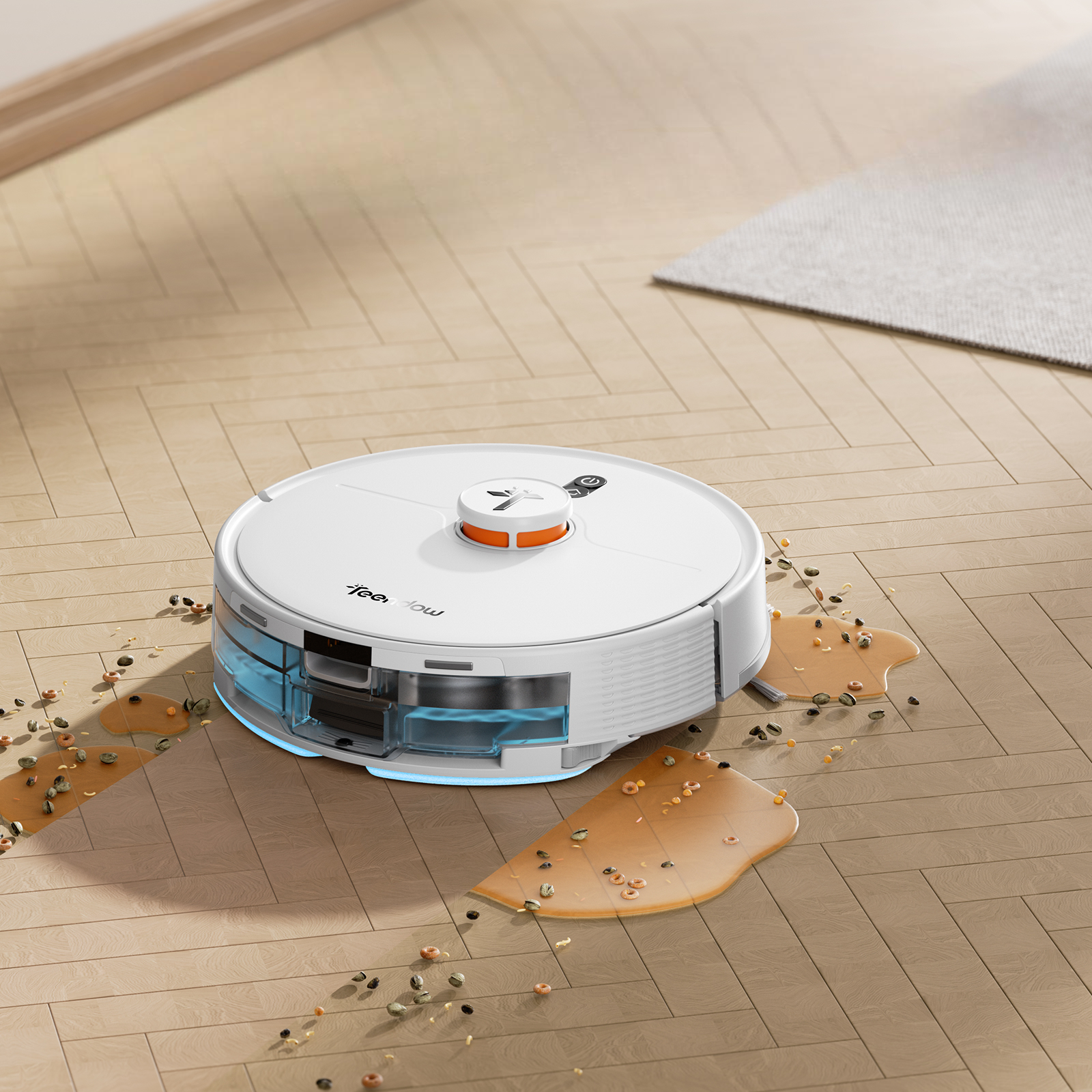 Un robot aspirapolvere bianco pulisce un pavimento in legno con liquido versato e detriti.