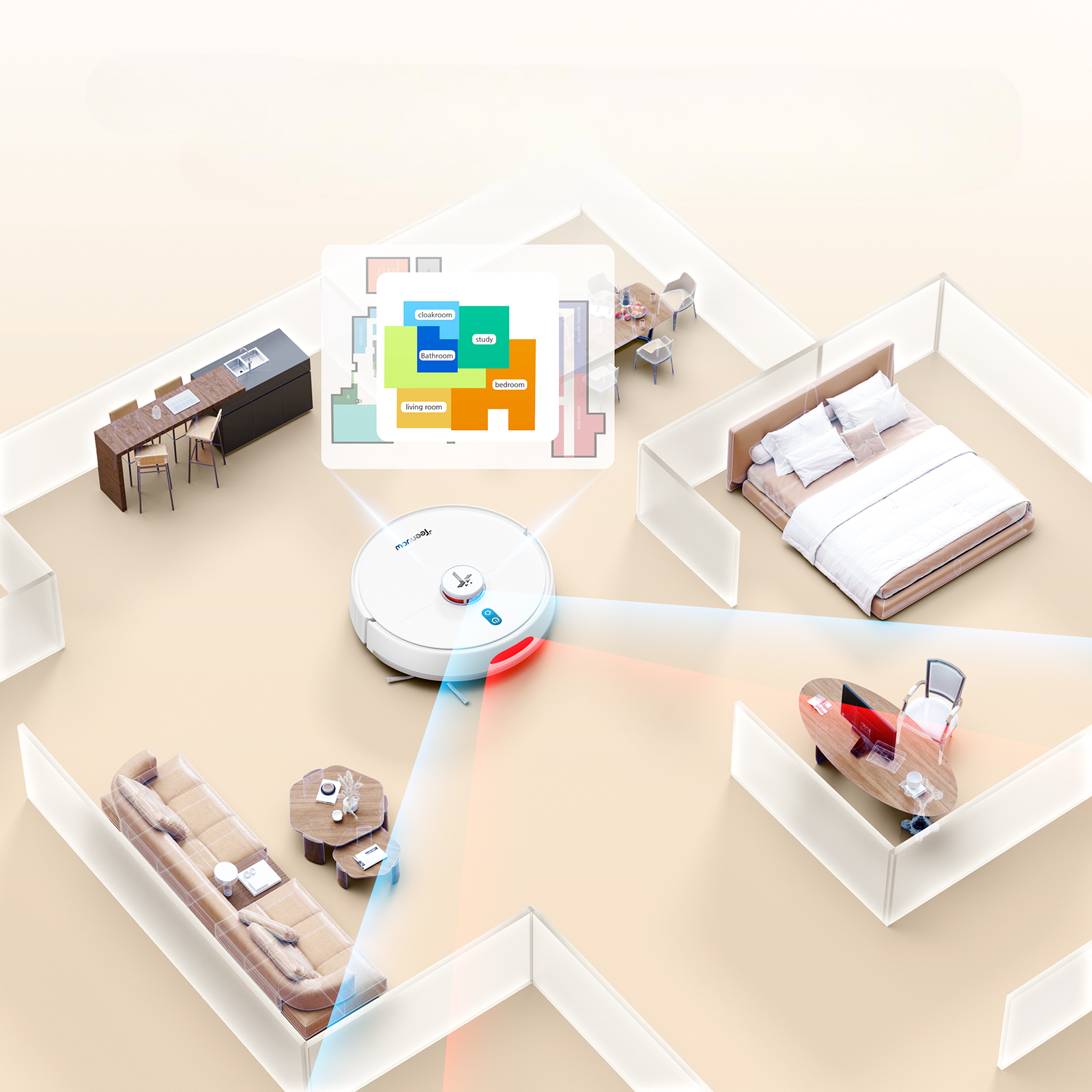 Un robot aspirapolvere bianco scansiona una casa con varie stanze e una panoramica dell'app.