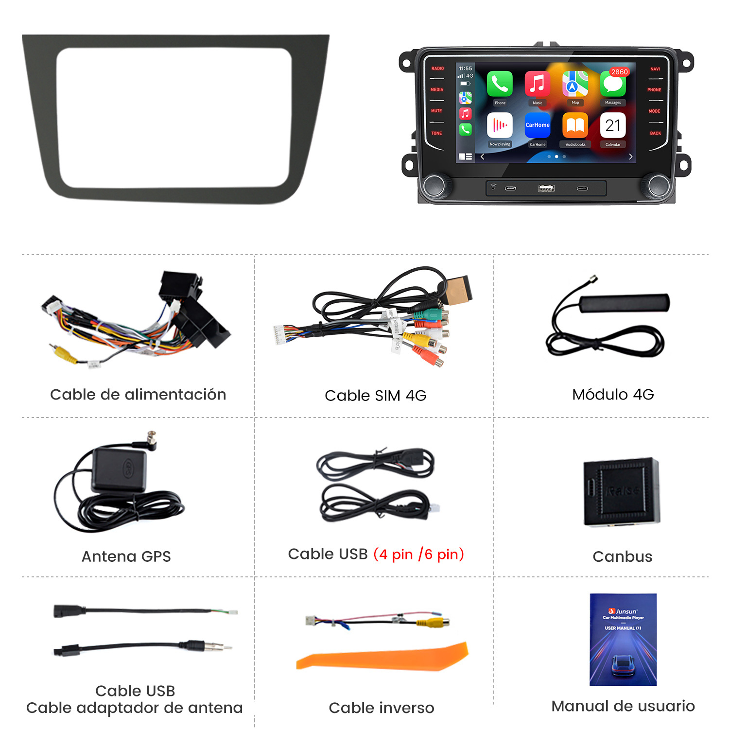Accesorios de radio de coche: marco, cables, antenas, módulo, canbus, herramienta, manual.