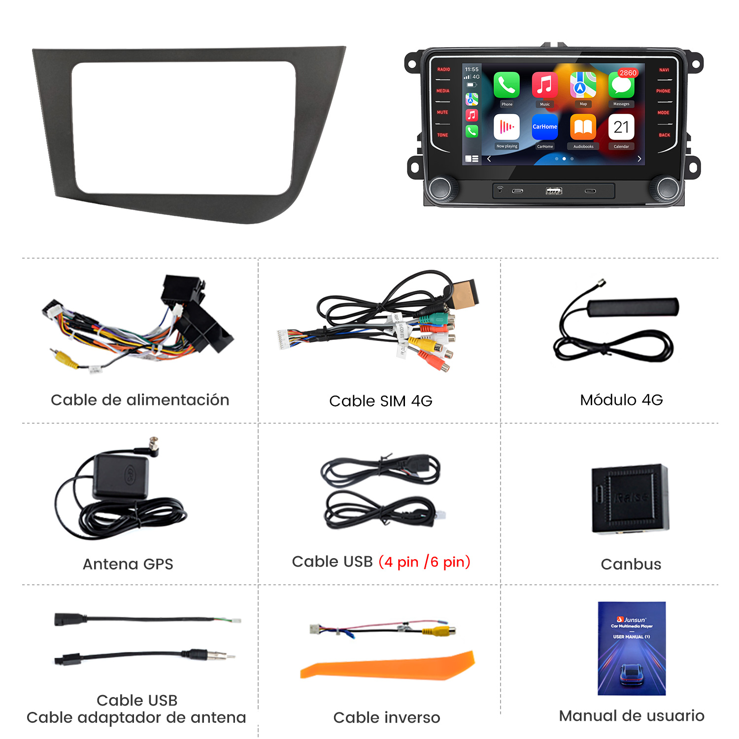 Radio de coche con pantalla táctil, marco y varios cables.