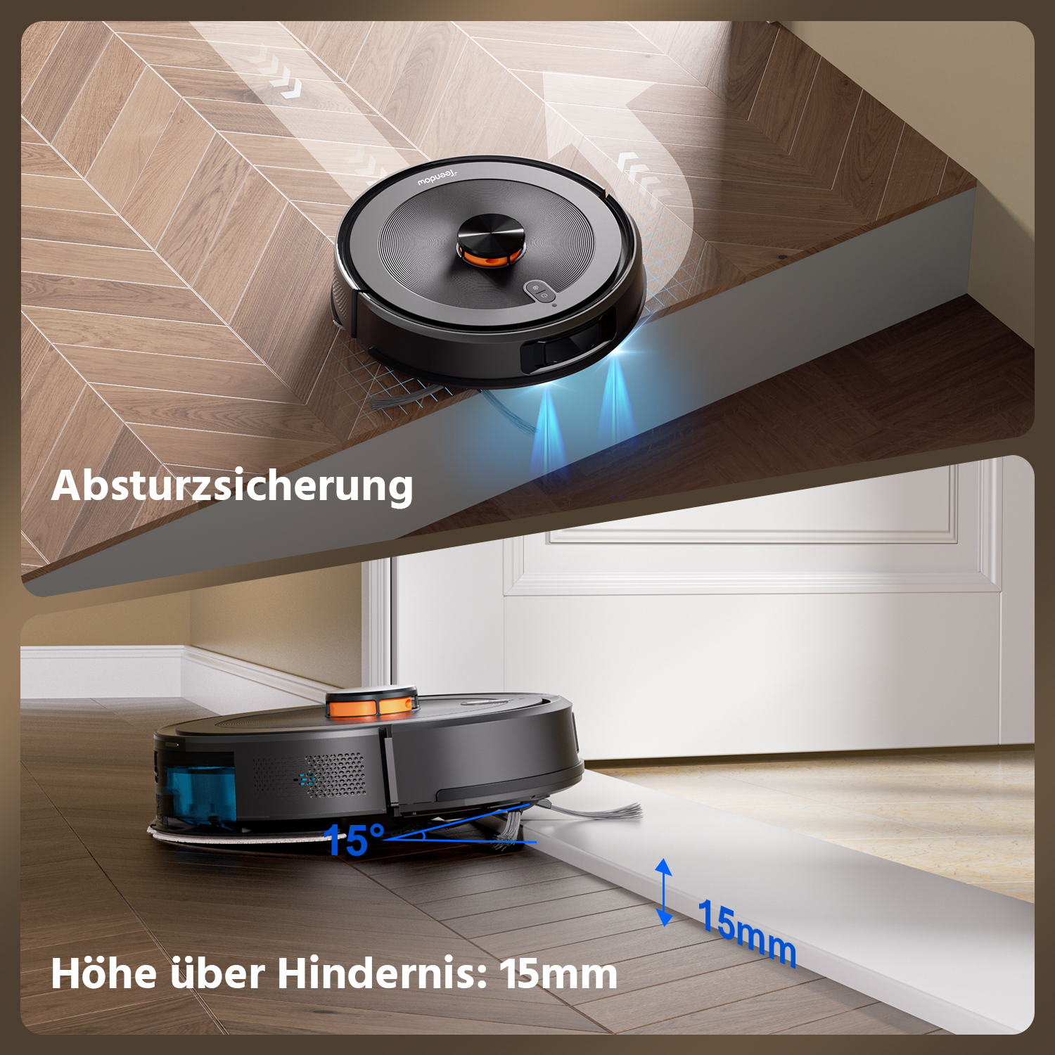 Un robot aspirapolvere con protezione anti-caduta e rilevamento altezza 15mm.