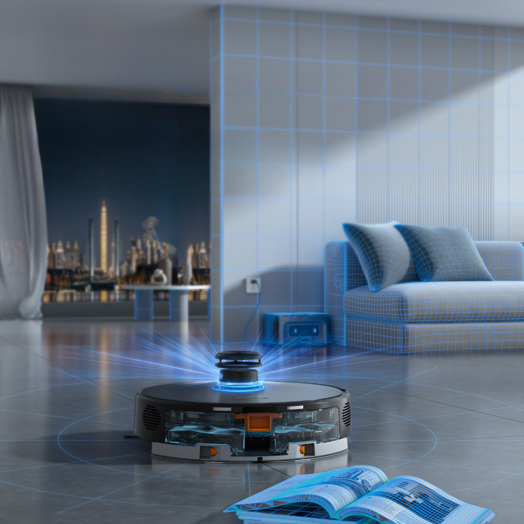 Un robot aspirapolvere con proiezione di luce blu su un pavimento, con vista sulla città sullo sfondo.