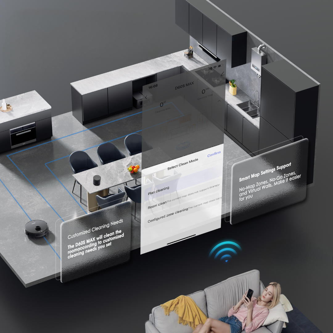 Un robot aspirapolvere pulisce un soggiorno moderno con mappatura intelligente e controllo app.