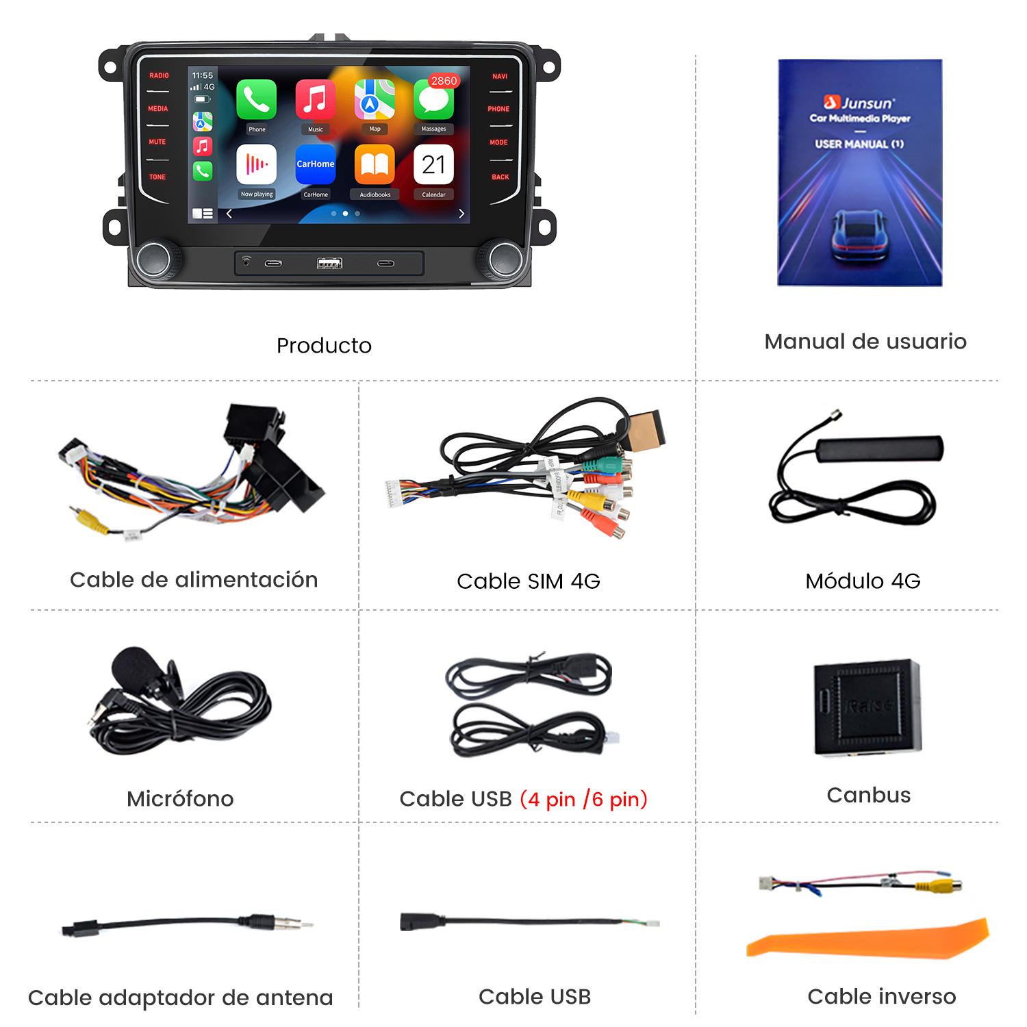 Vista general del producto: radio de coche, manual, cables, micrófono, canbus y herramienta.