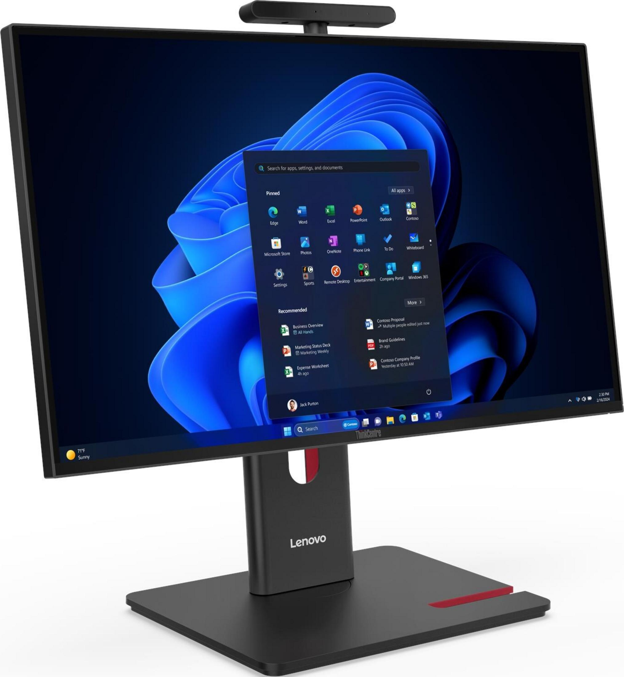 Ein Lenovo ThinkCentre All-in-One-PC mit Windows 11 und einer Webcam.