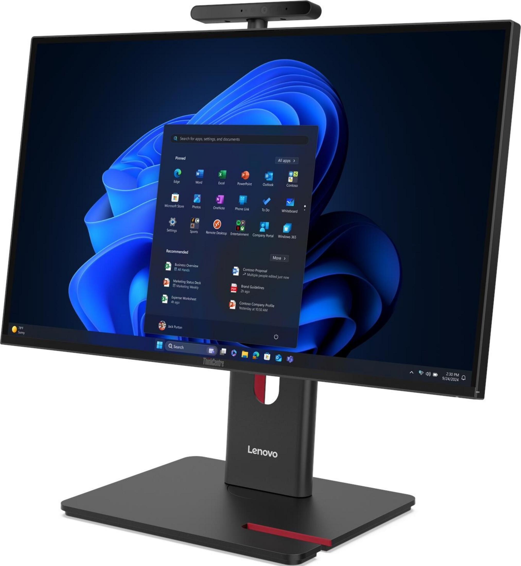 Ein Lenovo ThinkCentre Monitor mit Windows 11-Startmenü und einer Webcam.
