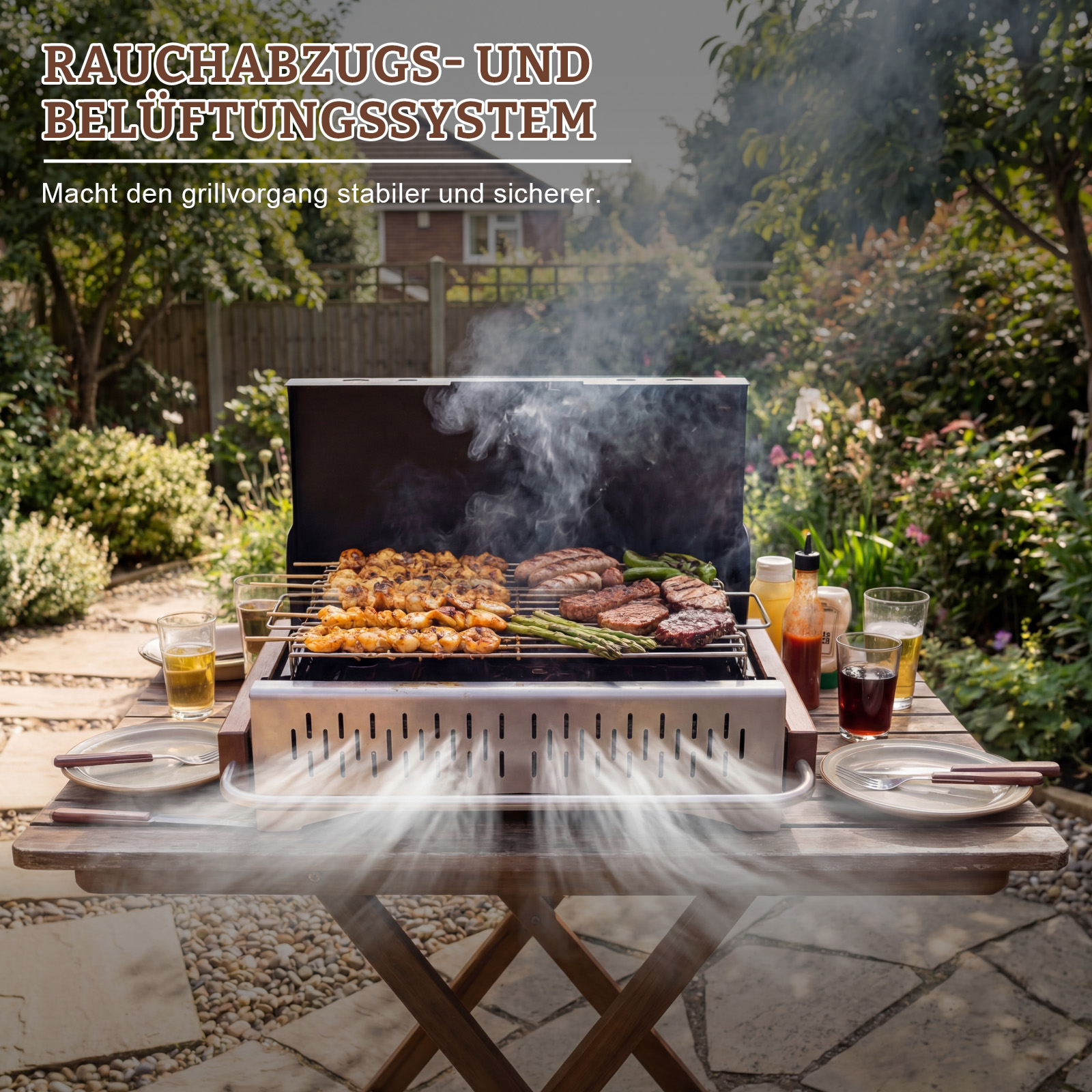 Ein Grill mit Fleisch, Garnelen und Spargel im Freien, Rauch steigt auf.