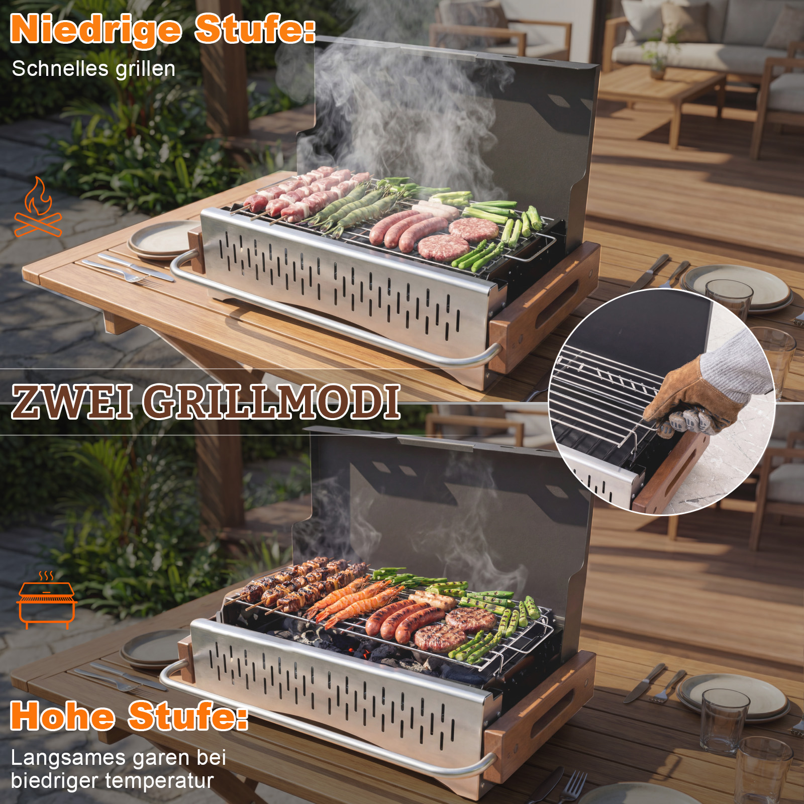 Grill mit Fleisch, Garnelen und Spargel bei niedriger und hoher Stufe auf einem Holztisch.
