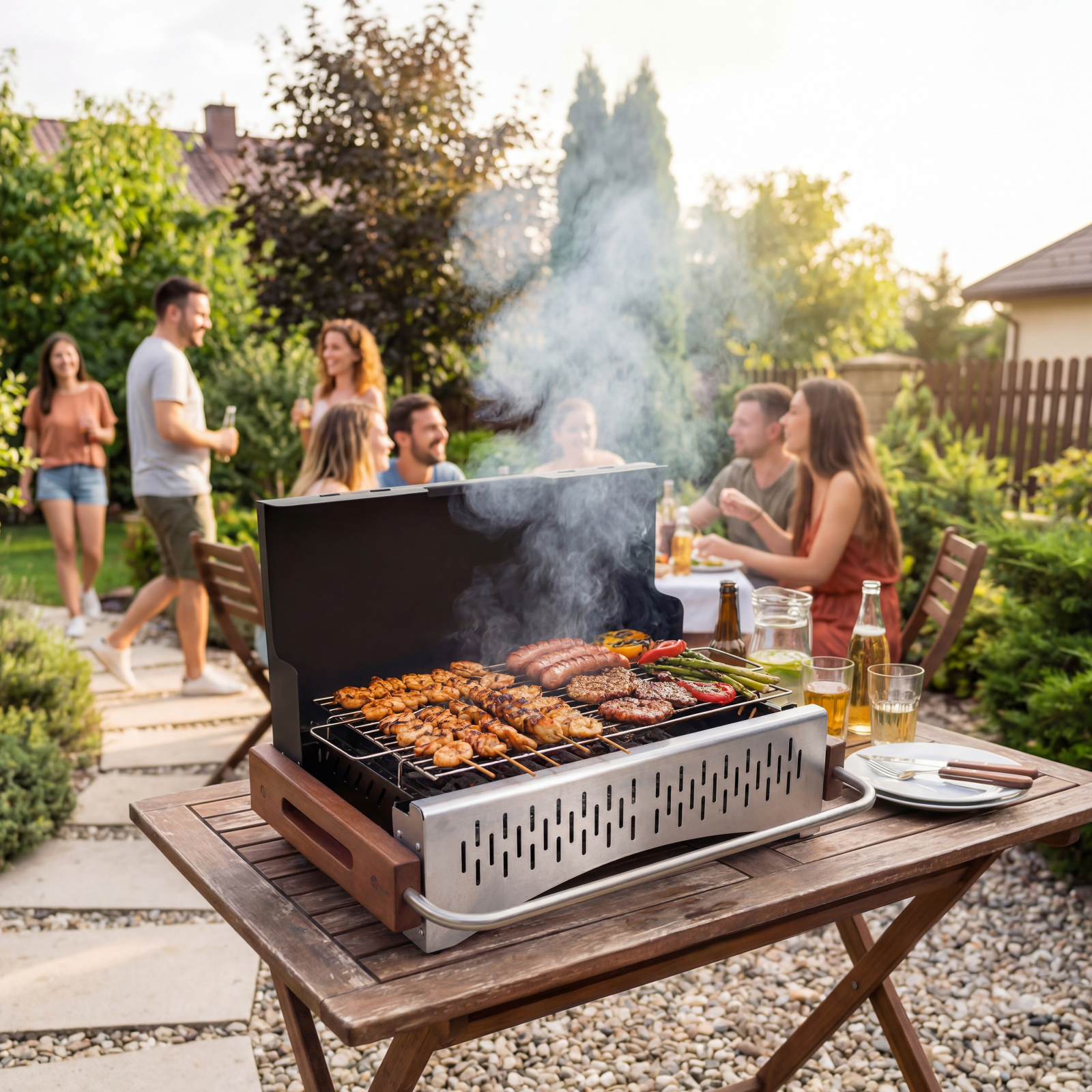 Gegrilltes Essen auf einem Tisch im Garten mit Leuten im Hintergrund.