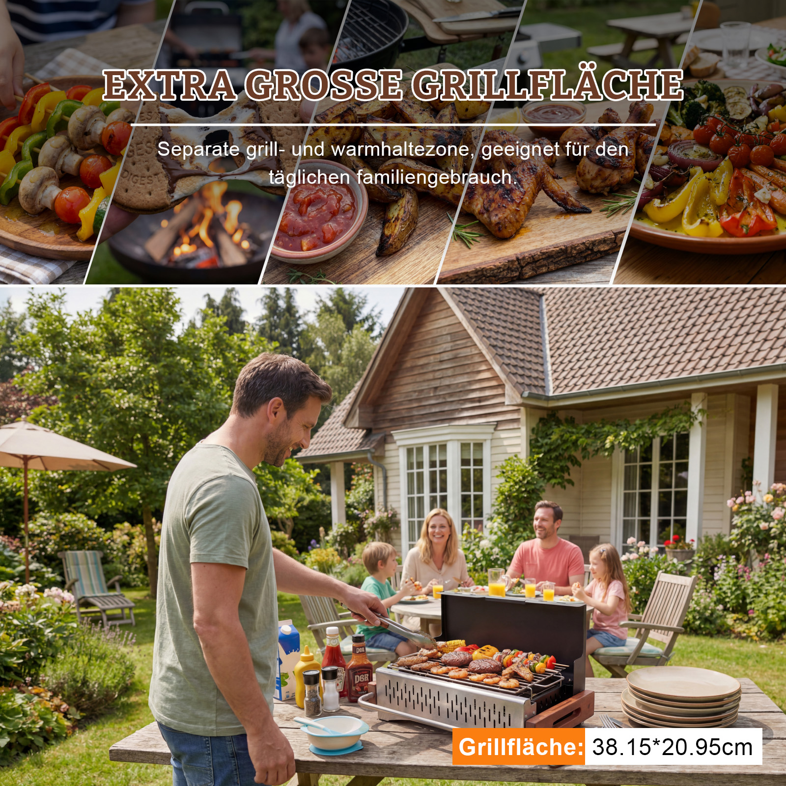 Familie grillt im Garten. Ein Mann legt Essen auf den Grill. Große Grillfläche.