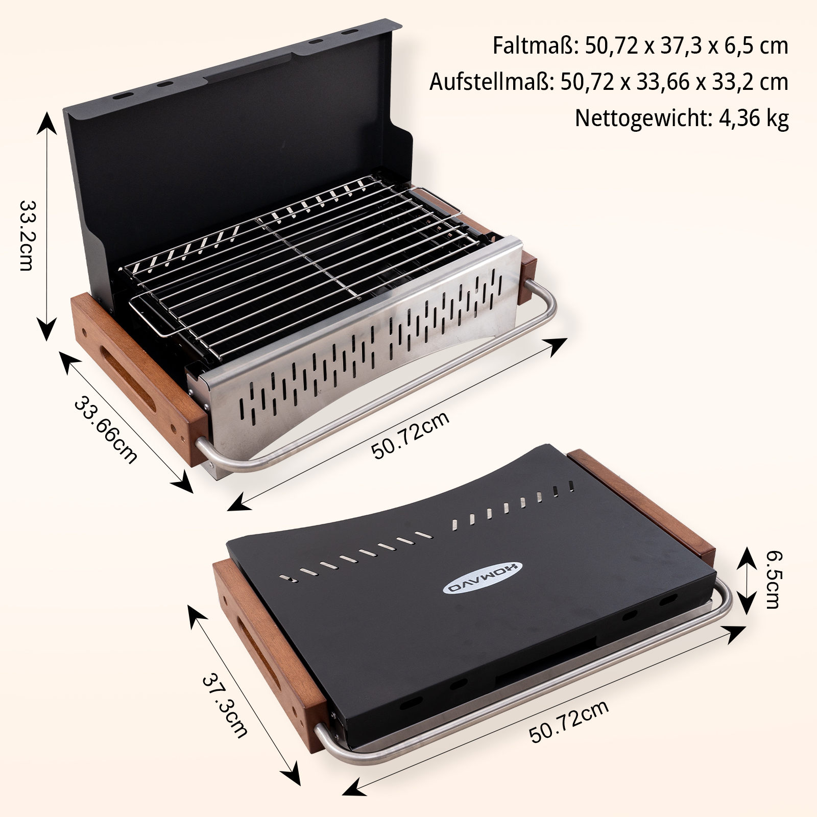 Ein zusammenklappbarer Grill mit Holzgriffen, Maße 50,72x37,3x6,5cm.