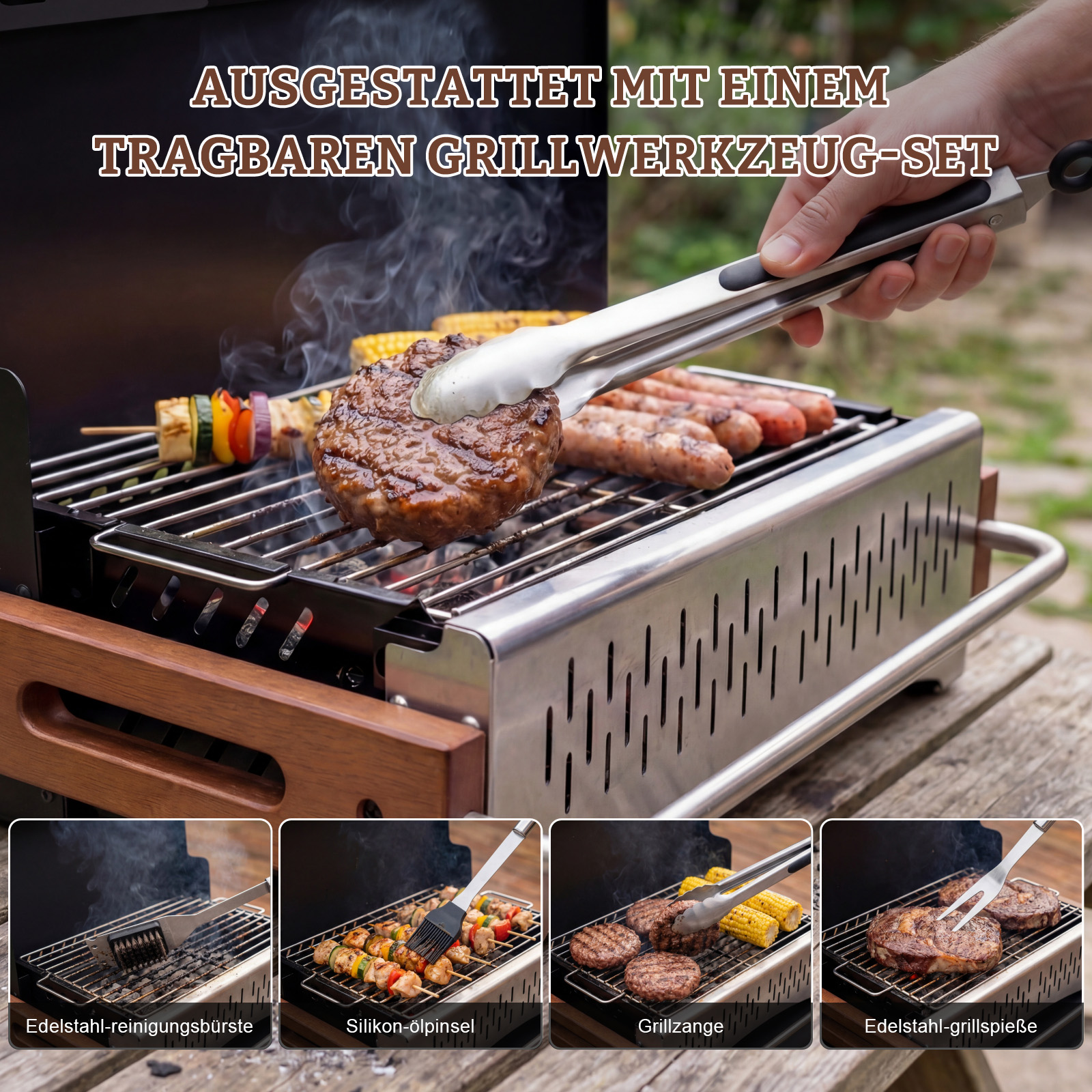 Ein Mann grillt mit einem tragbaren Grillset. Burger, Würstchen und Spieße brutzeln.