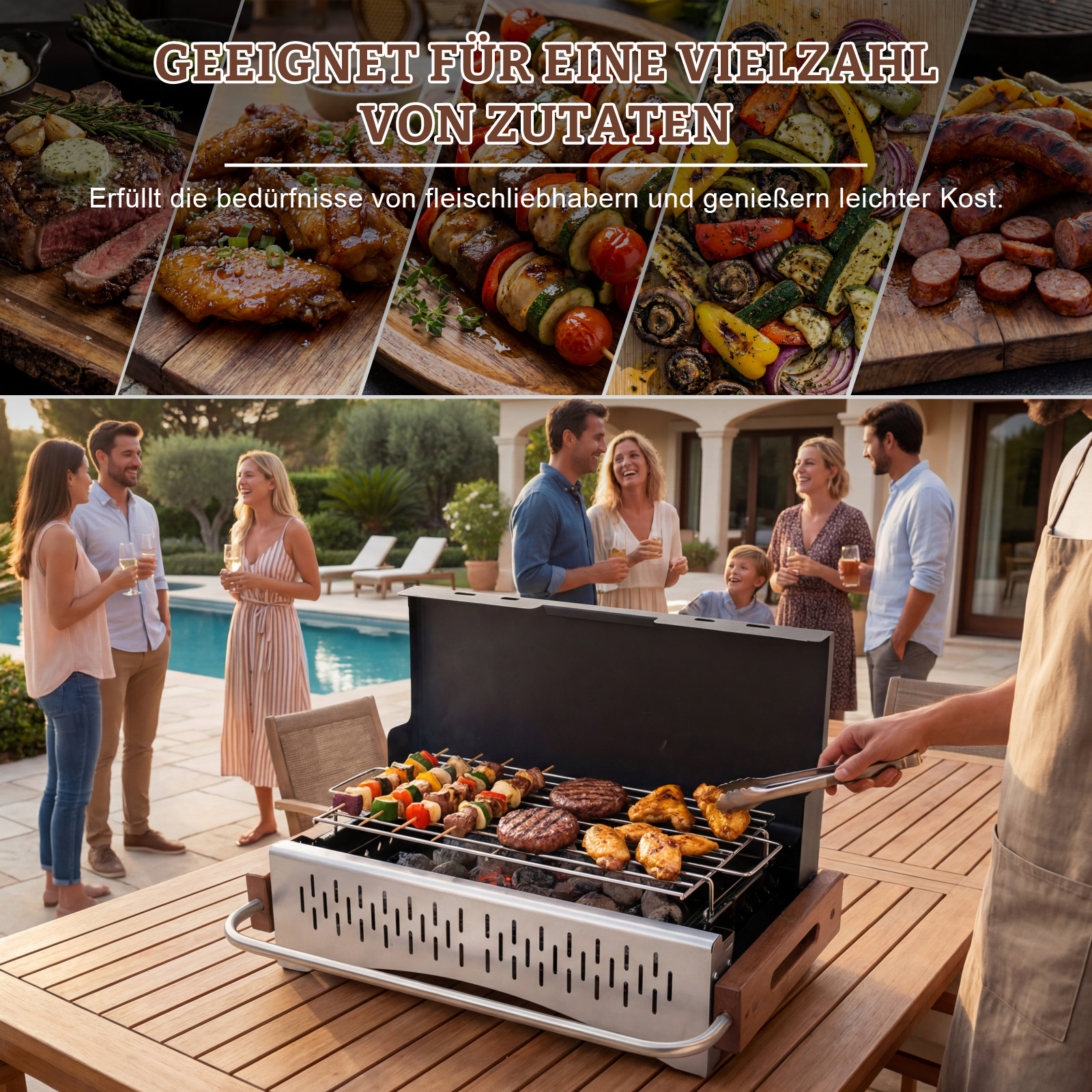 Grill mit Fleisch, Spießen und Gemüse, Menschen genießen am Pool.
