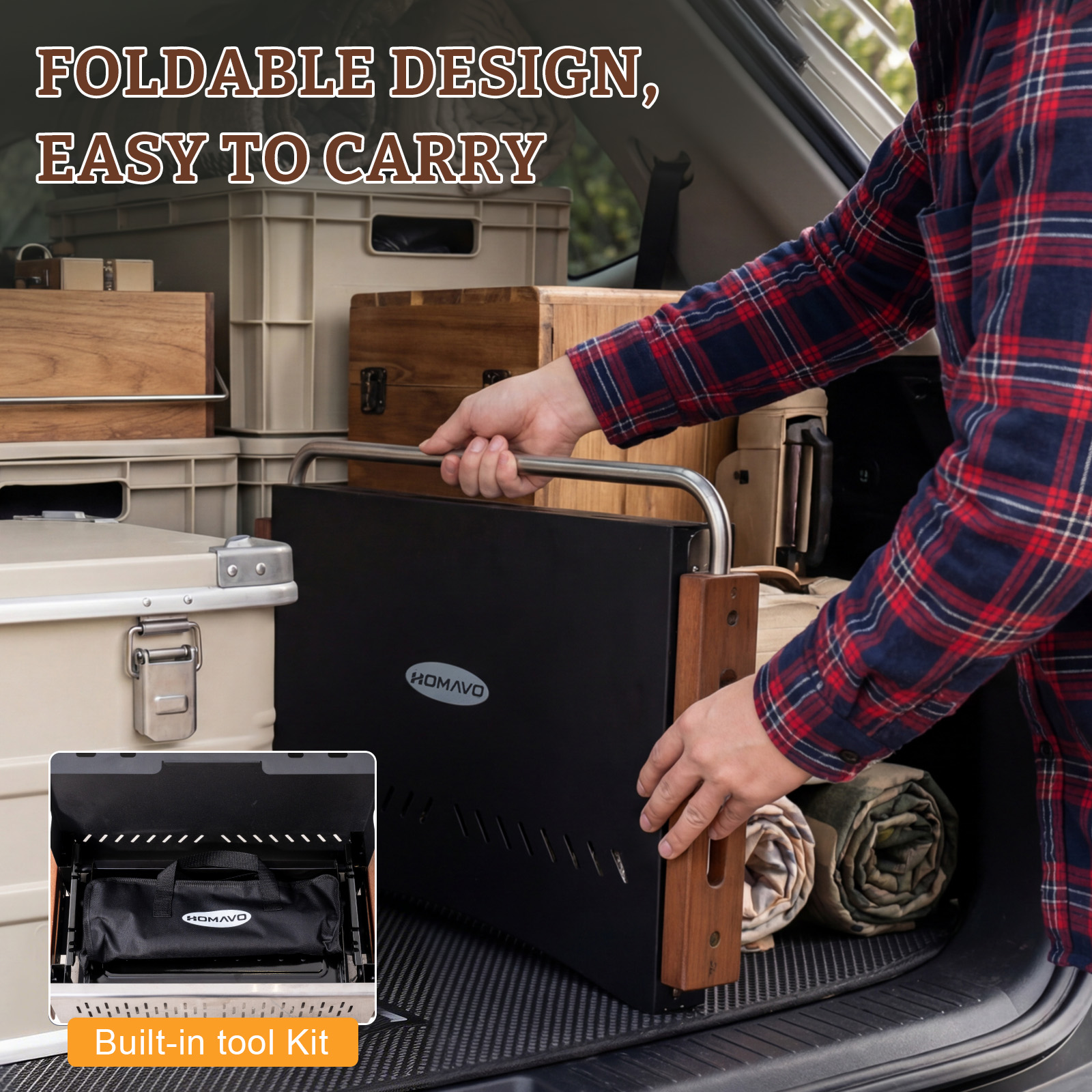 Osoba ładująca czarny grill z drewnianymi uchwytami do samochodu.