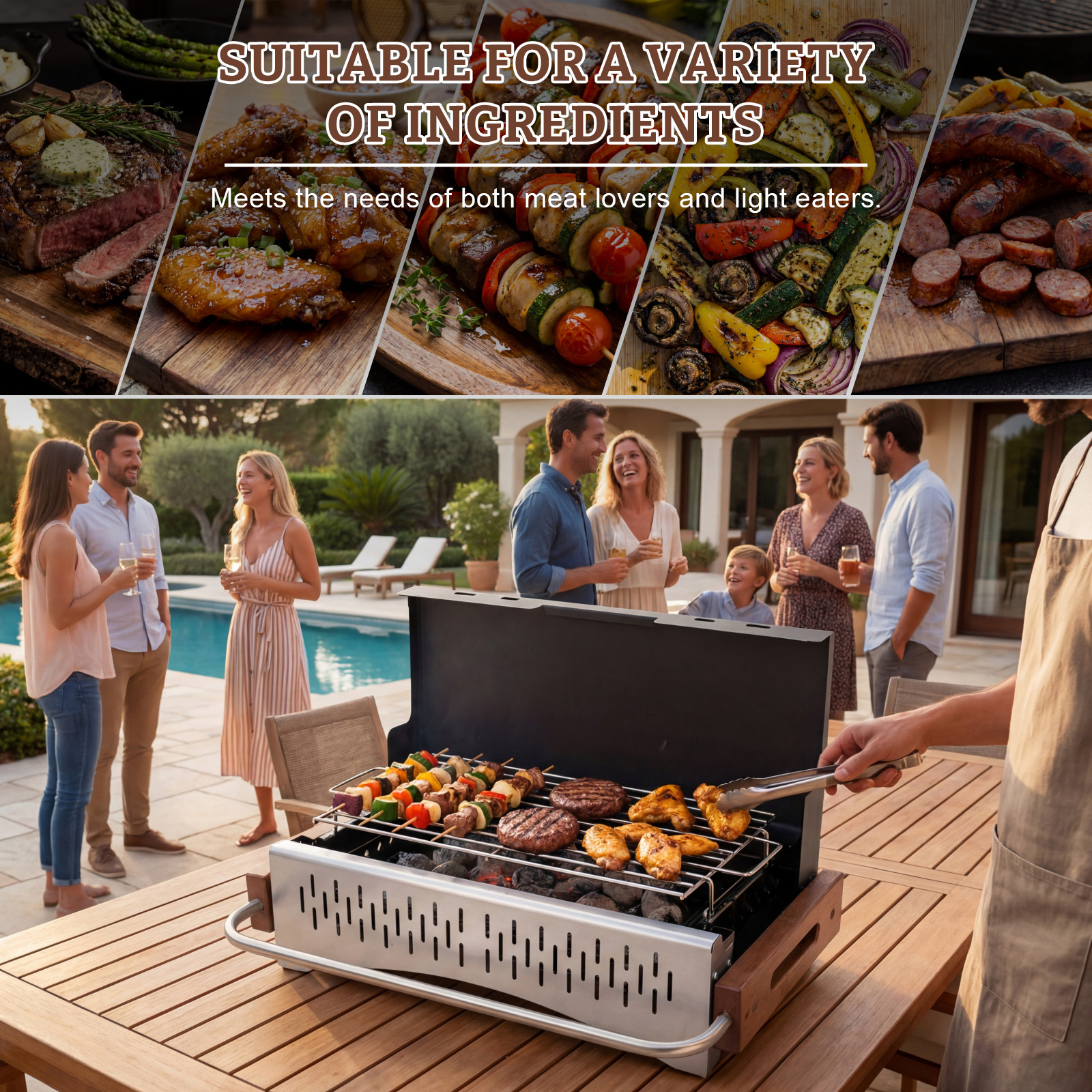 Ludzie grillują przy basenie, z mięsem i warzywami na grillu.