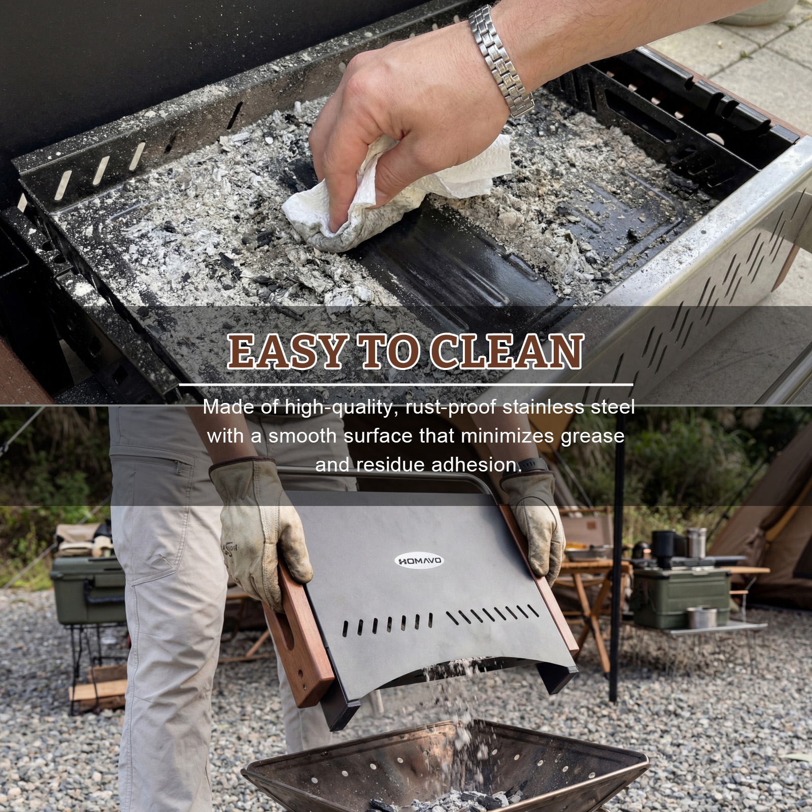 Ręka czyści grill szmatką. Mężczyzna trzyma płytę grillową nad paleniskiem.