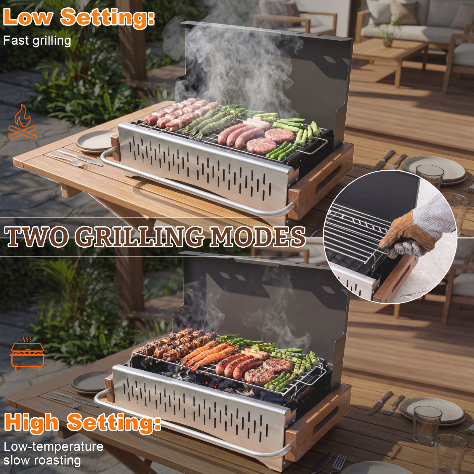 Grill z mięsem, krewetkami, kiełbasami i szparagami na niskich i wysokich ustawieniach.