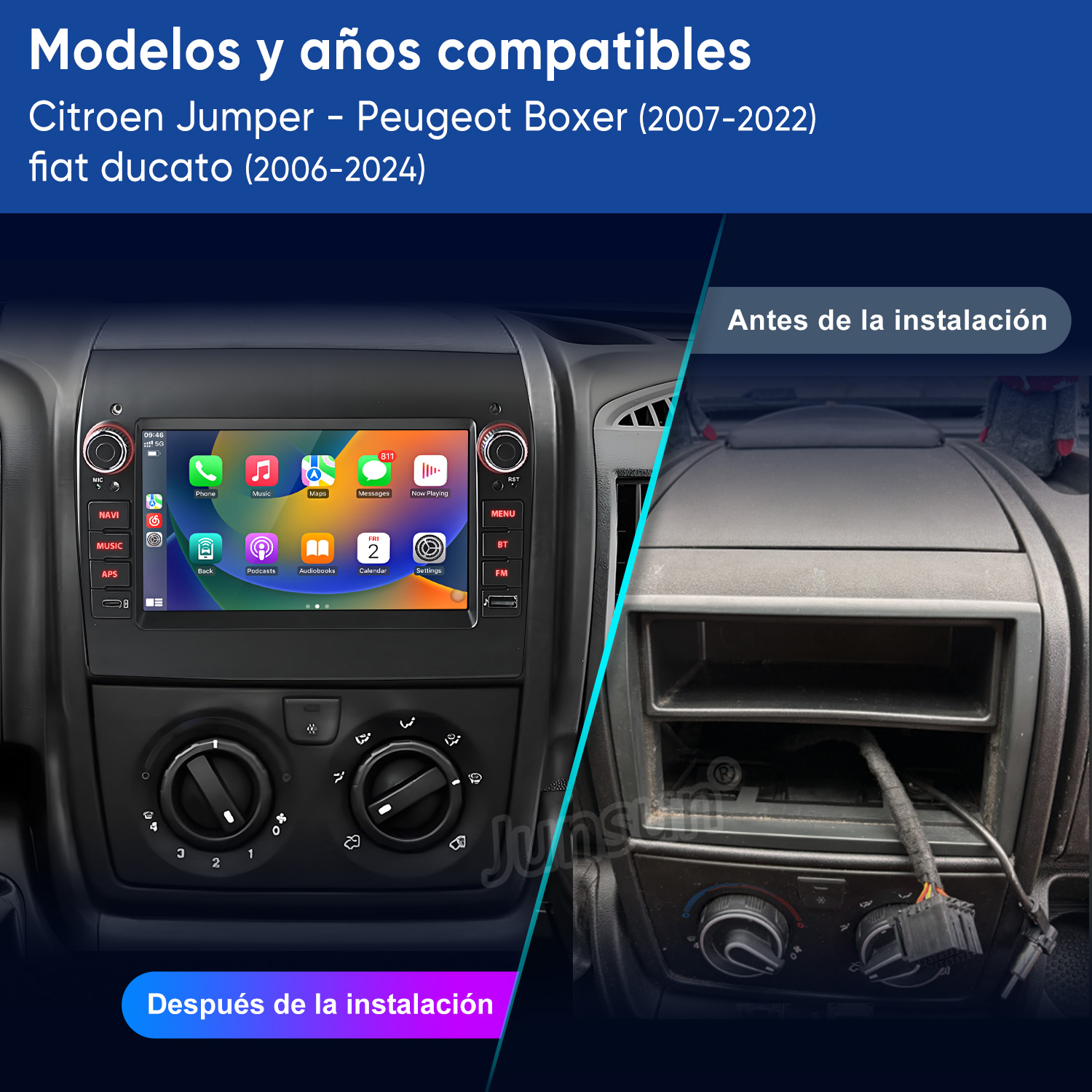Comparación antes/después de una radio de coche. Izquierda: Radio instalada con pantalla. Derecha: Ranura vacía.