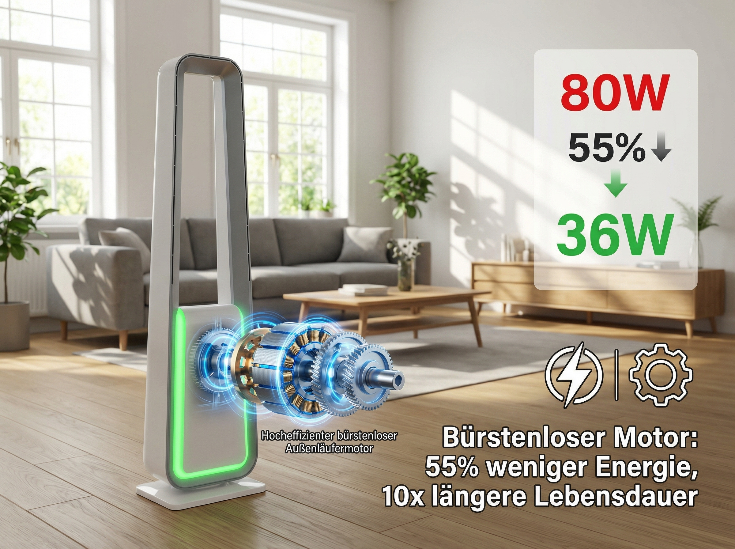 Ein schlanker, weißer Turmlüfter mit beleuchtetem Motor und Energieangaben.