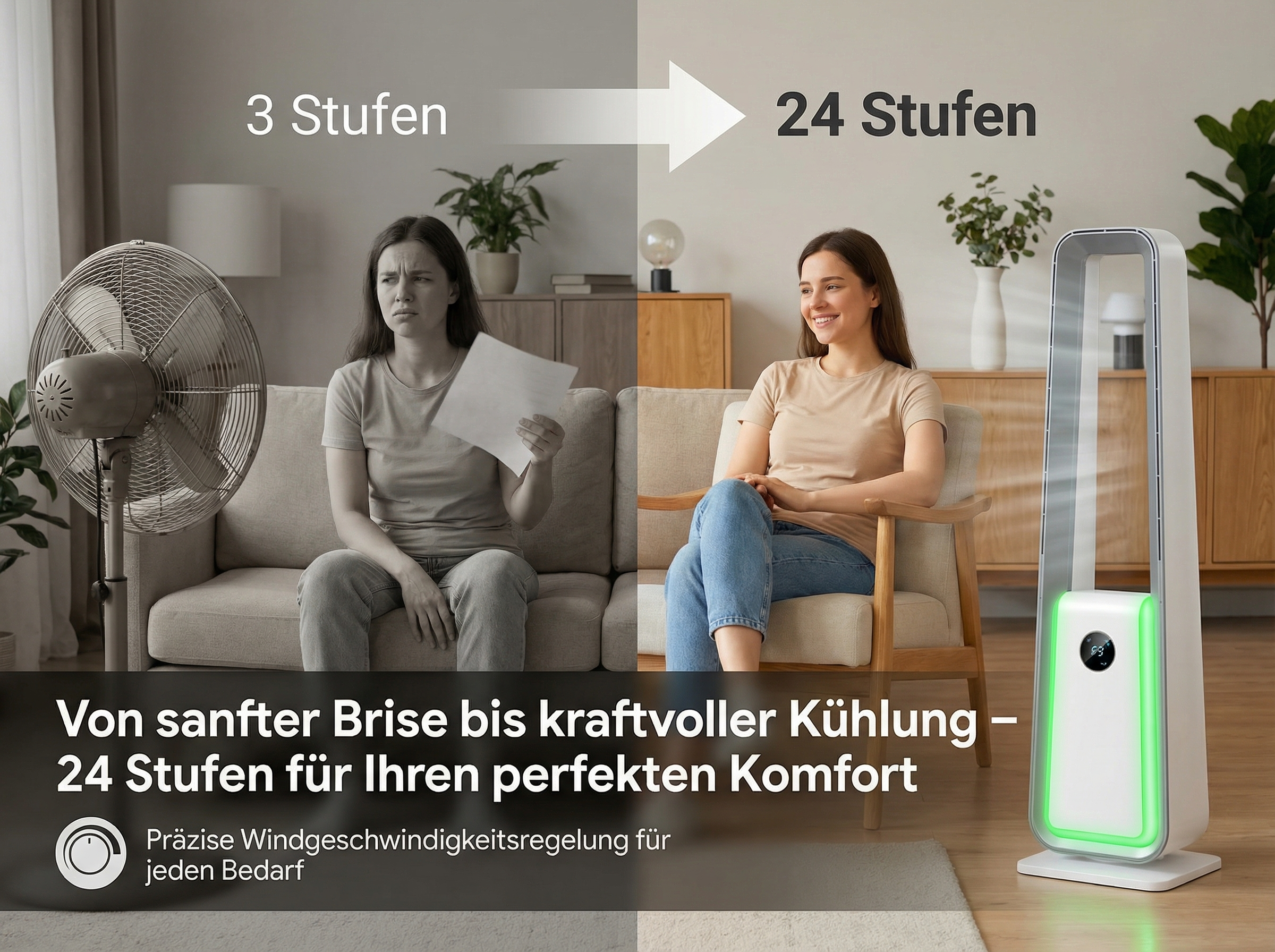 Vergleich von 3 Stufen mit 24 Stufen Lüfter. Eine Frau ist unzufrieden, die andere lächelt.