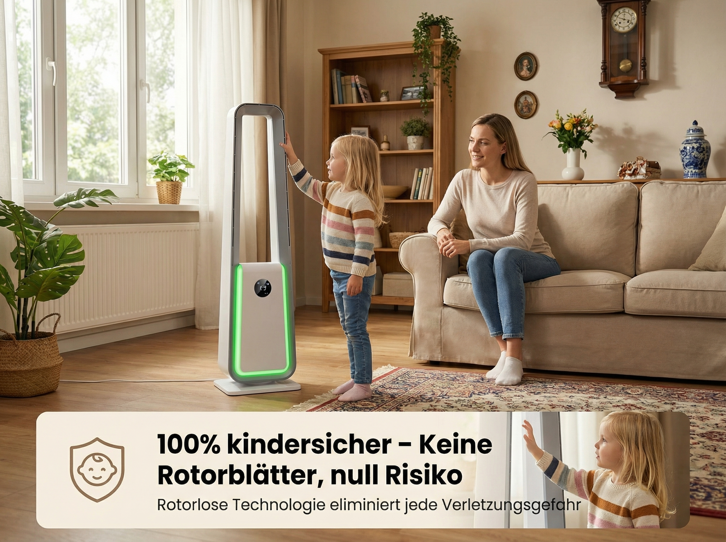 Mutter und Kind in einem Wohnzimmer mit einem Turmventilator.