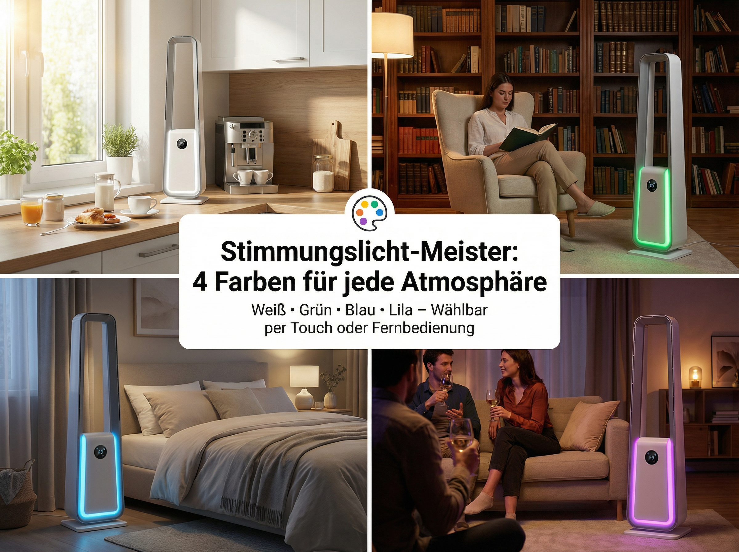 Moderner Turmventilator mit Beleuchtung in Küche, Wohnzimmer, Schlafzimmer und Wohnbereich.