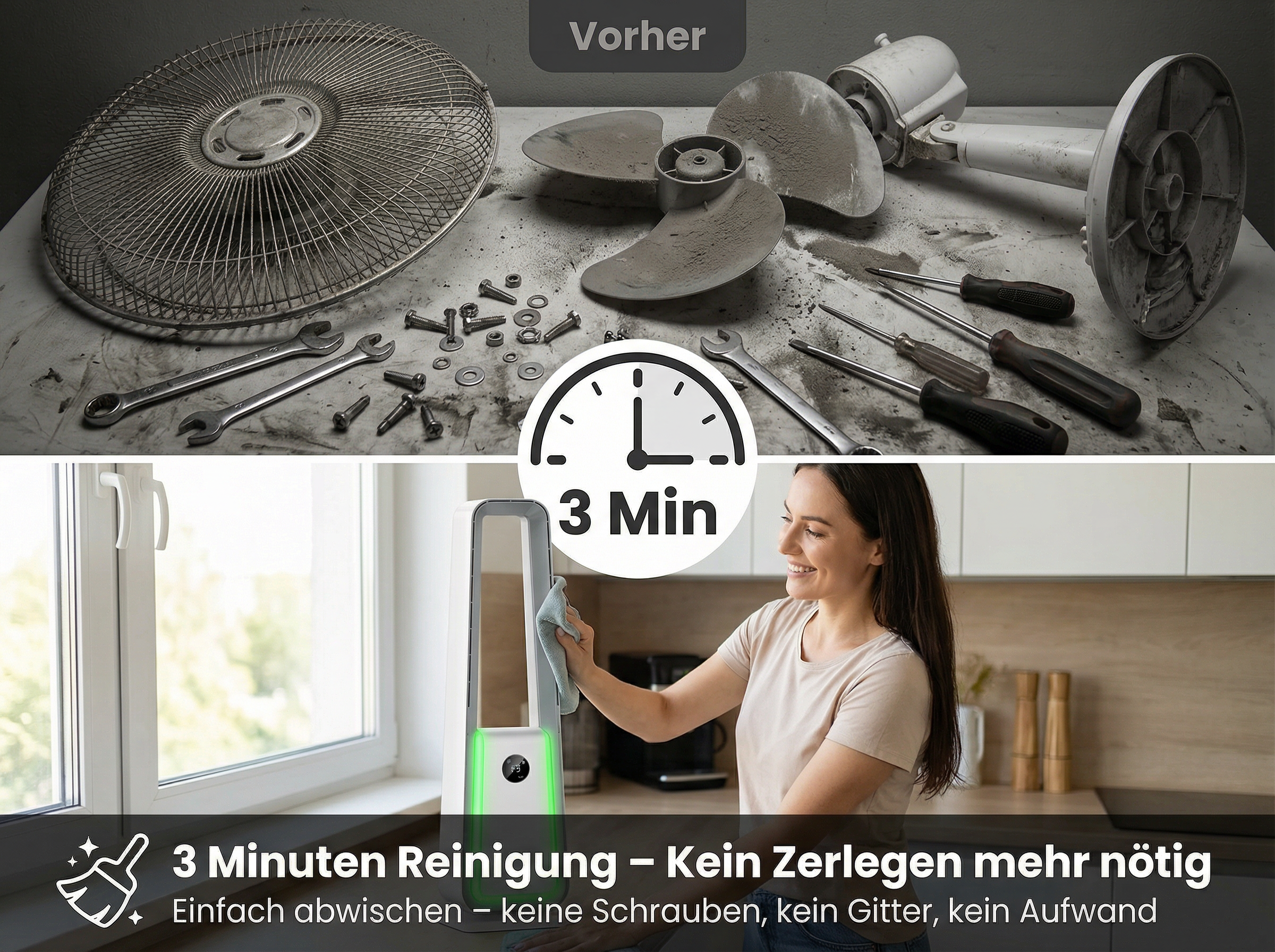 Vorher: staubiger Ventilator zerlegt. Nachher: Frau reinigt modernen Ventilator.