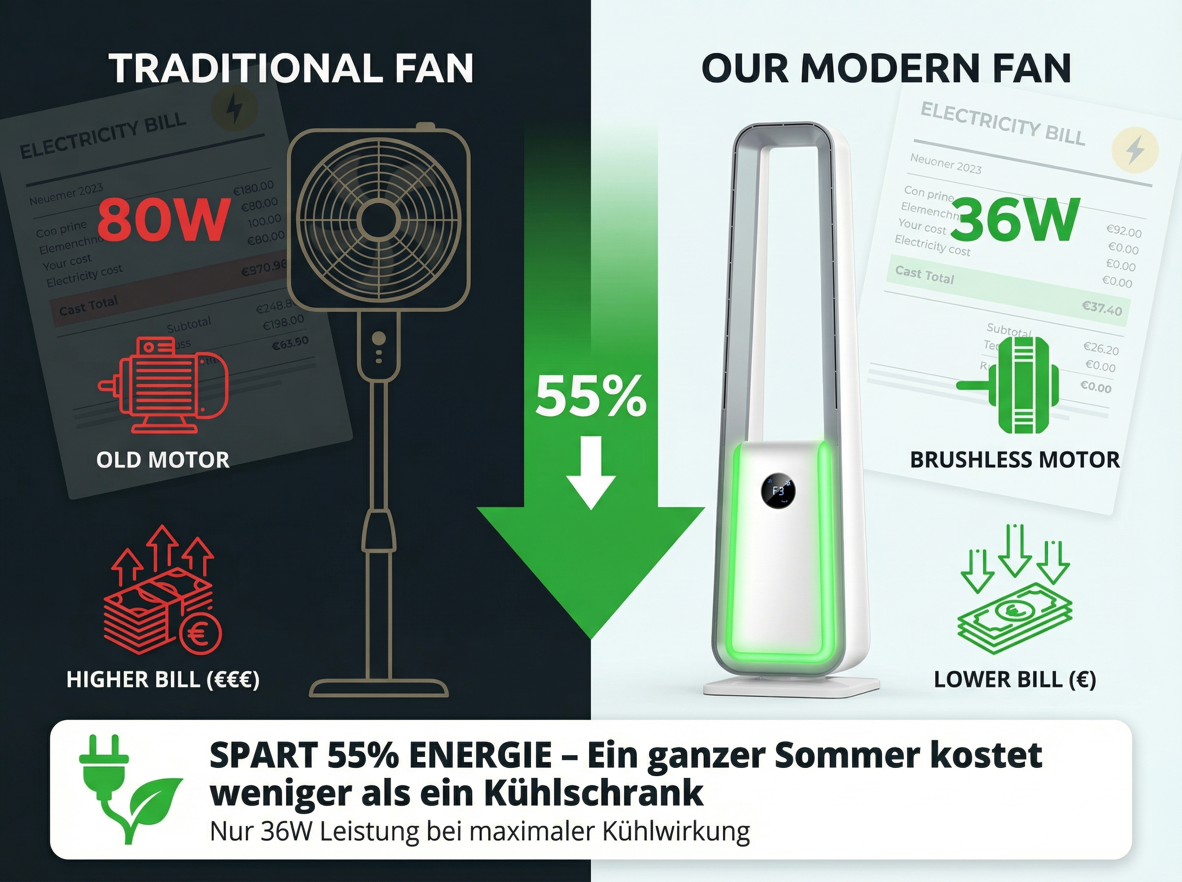 Vergleich von traditionellem und modernem Ventilator: 80W vs. 36W, höhere vs. niedrigere Stromrechnung.