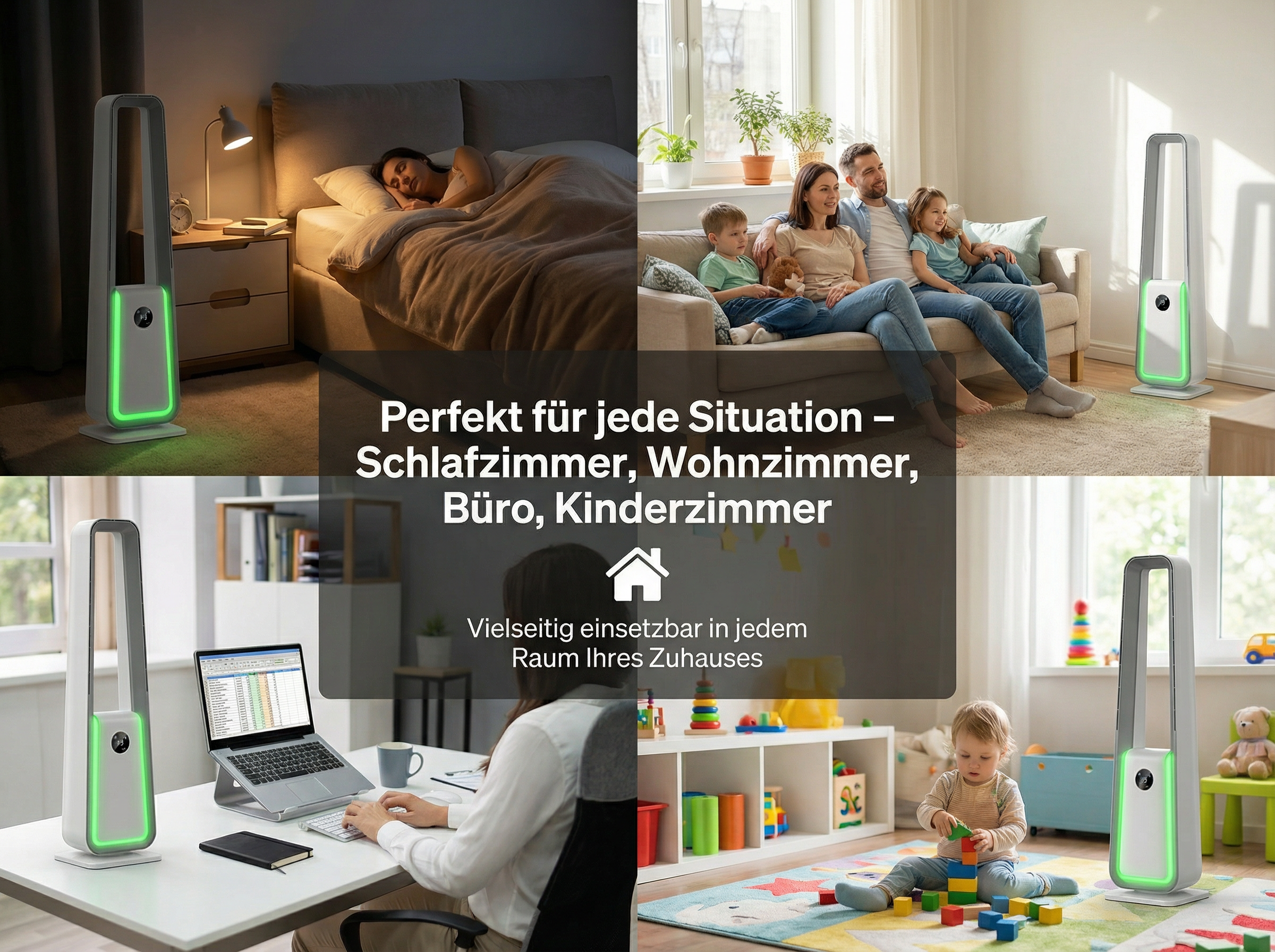 Ein schlanker Ventilator mit grüner Beleuchtung in Schlaf-, Wohn-, Büro- und Kinderzimmern.
