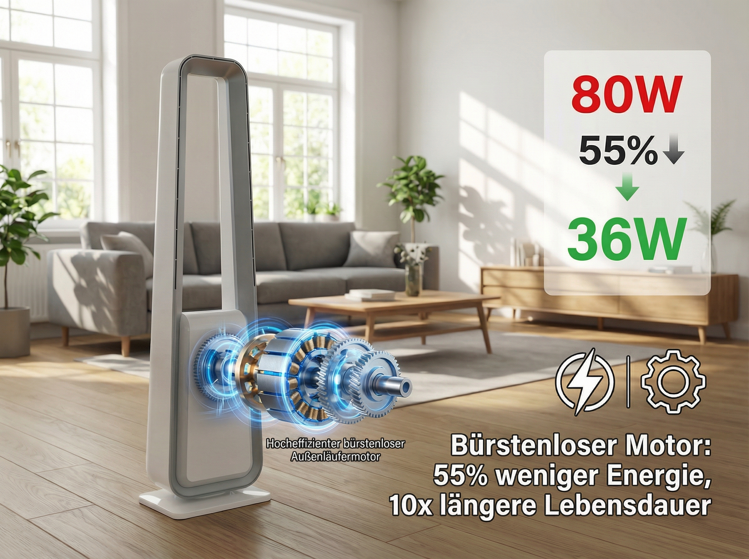 Moderner Ventilator mit Einblick in den Motor. 80W wird auf 36W reduziert.