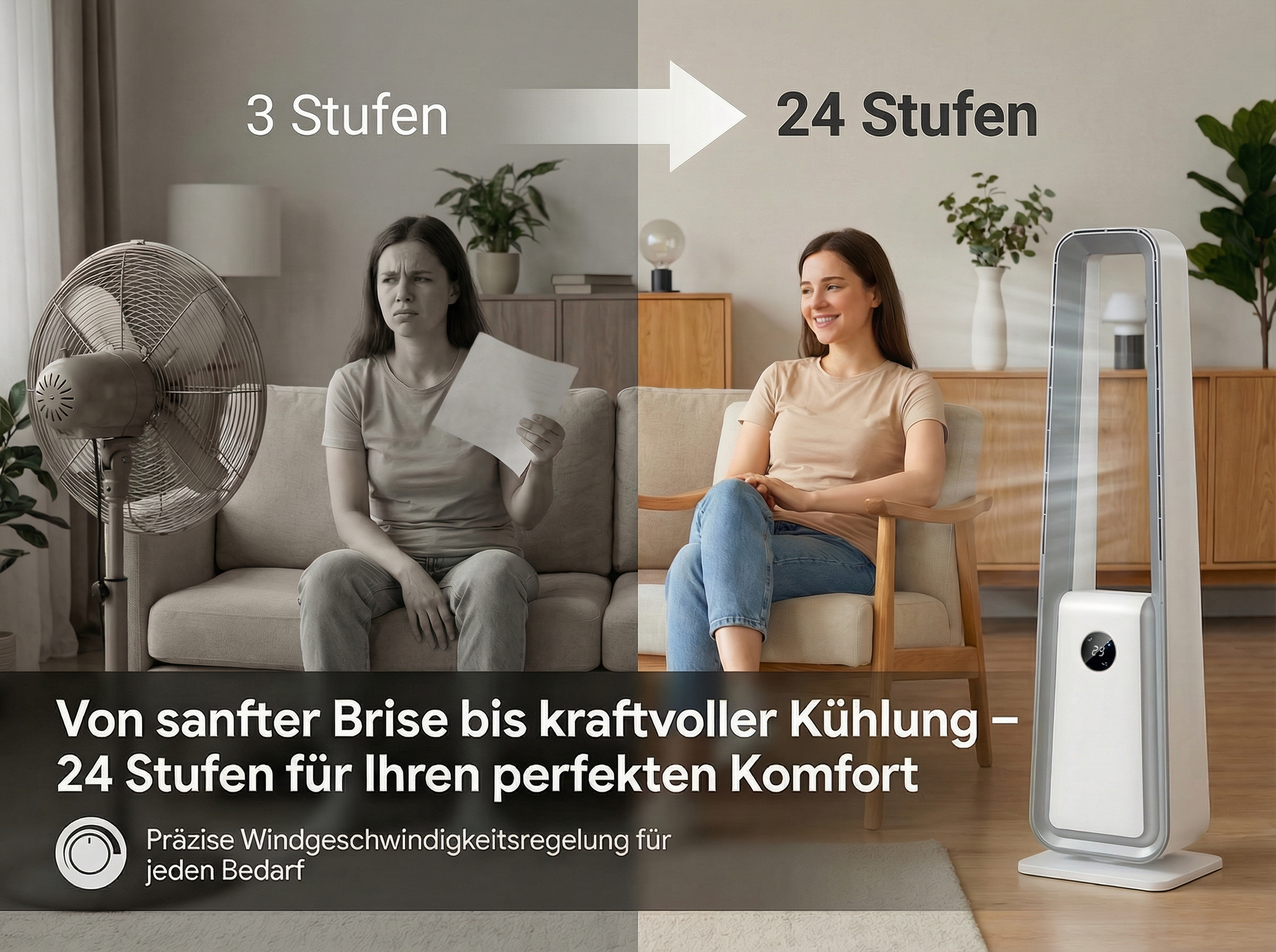 Vergleich: 3 Stufen Ventilator vs. 24 Stufen Turmventilator für Komfort.