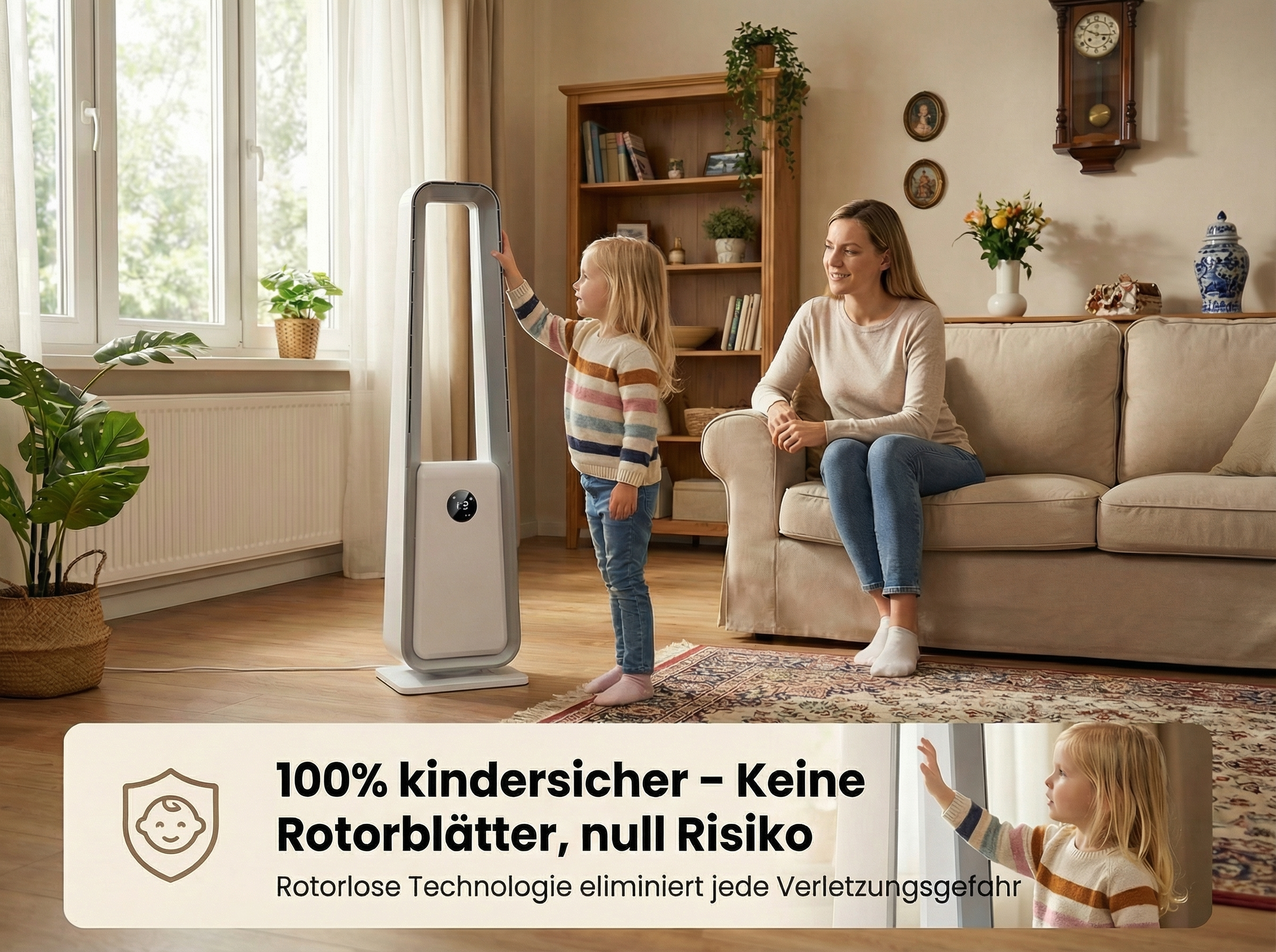Ein Mädchen berührt einen Turmventilator, während eine Frau auf dem Sofa sitzt.