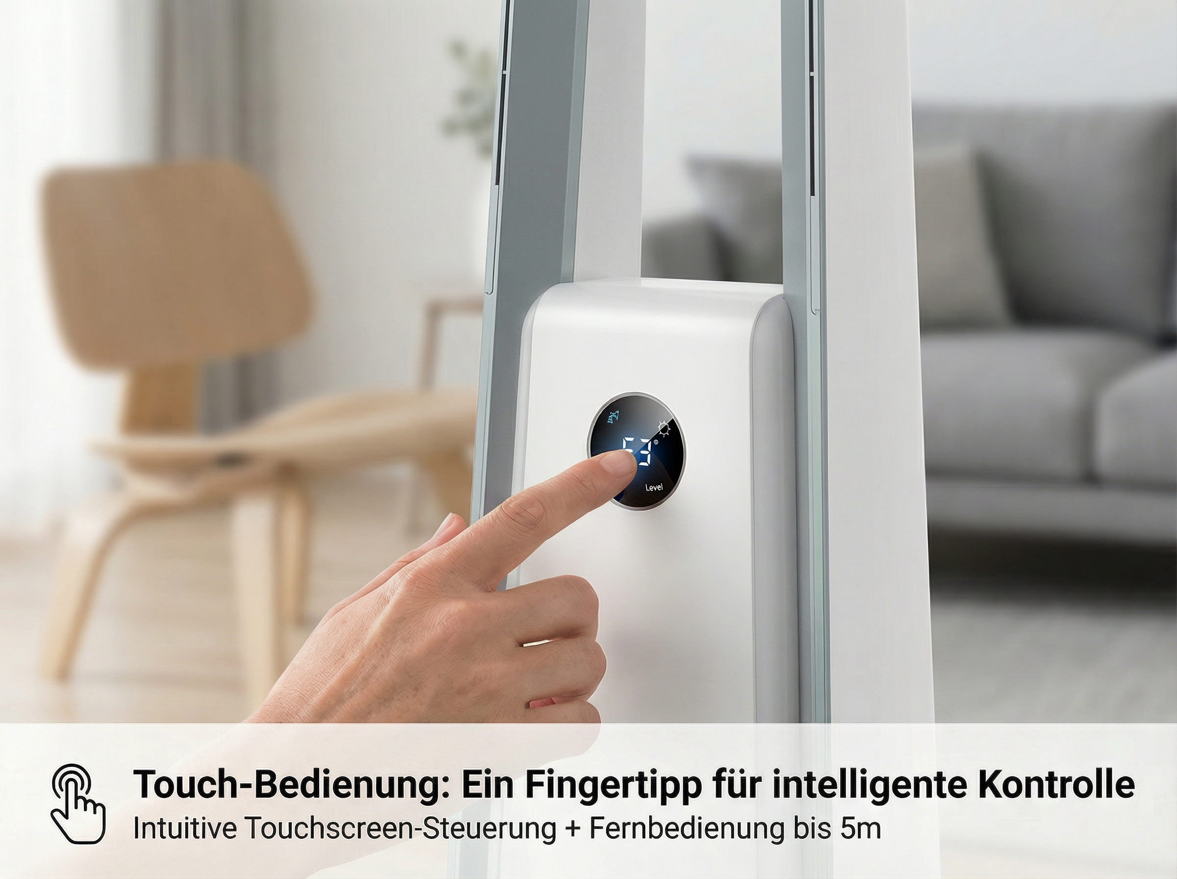 Eine Hand bedient ein weißes Gerät mit Touchscreen-Anzeige.