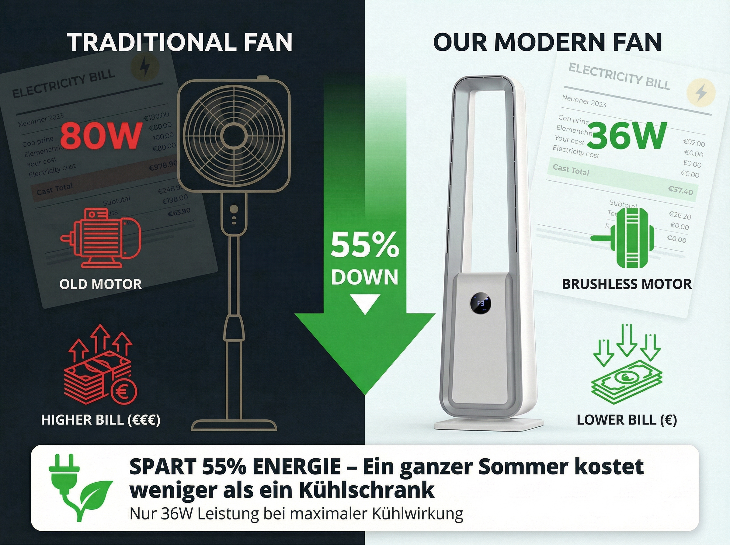 Traditioneller Ventilator (80W) verbraucht mehr Strom als moderner (36W).