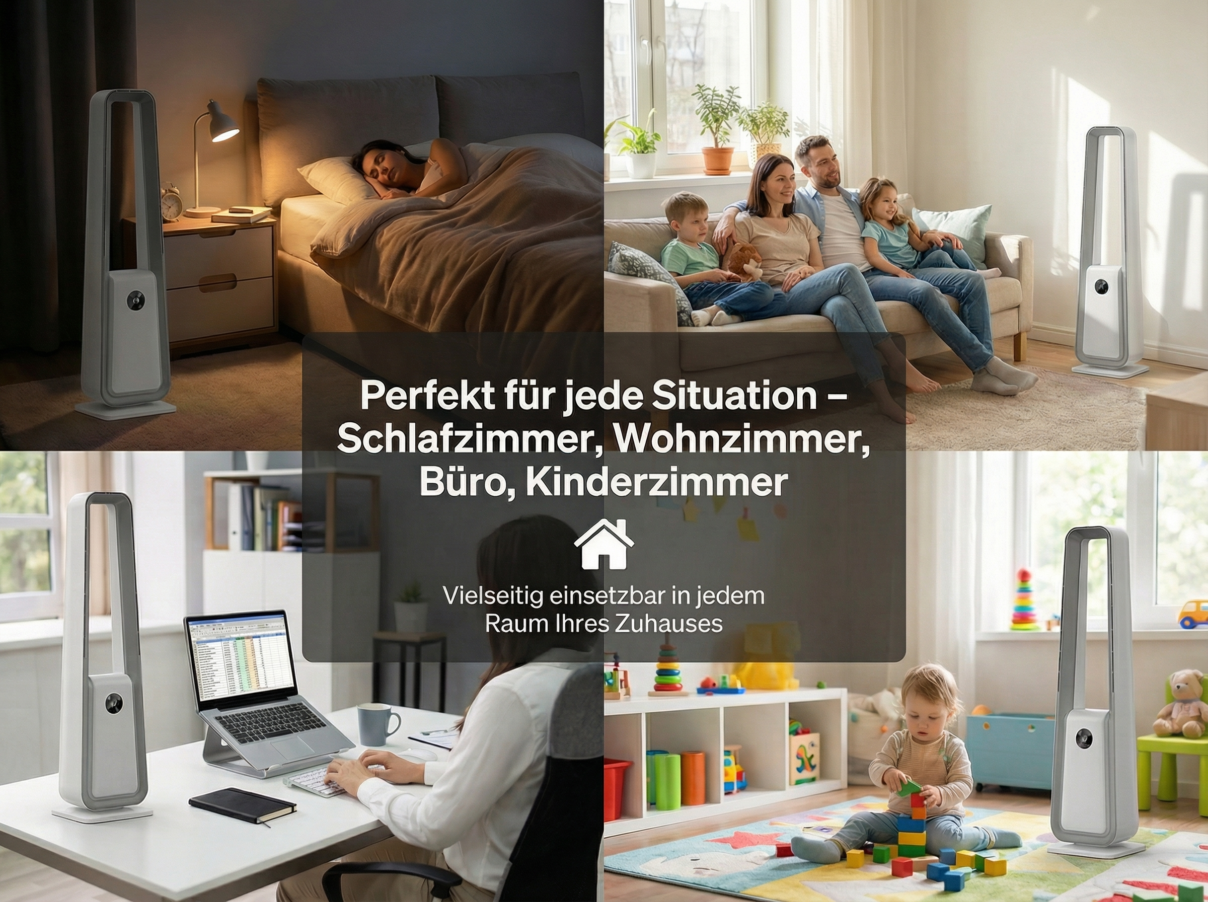 Ein Turmventilator in verschiedenen Räumen: Schlafzimmer, Wohnzimmer, Büro, Kinderzimmer.