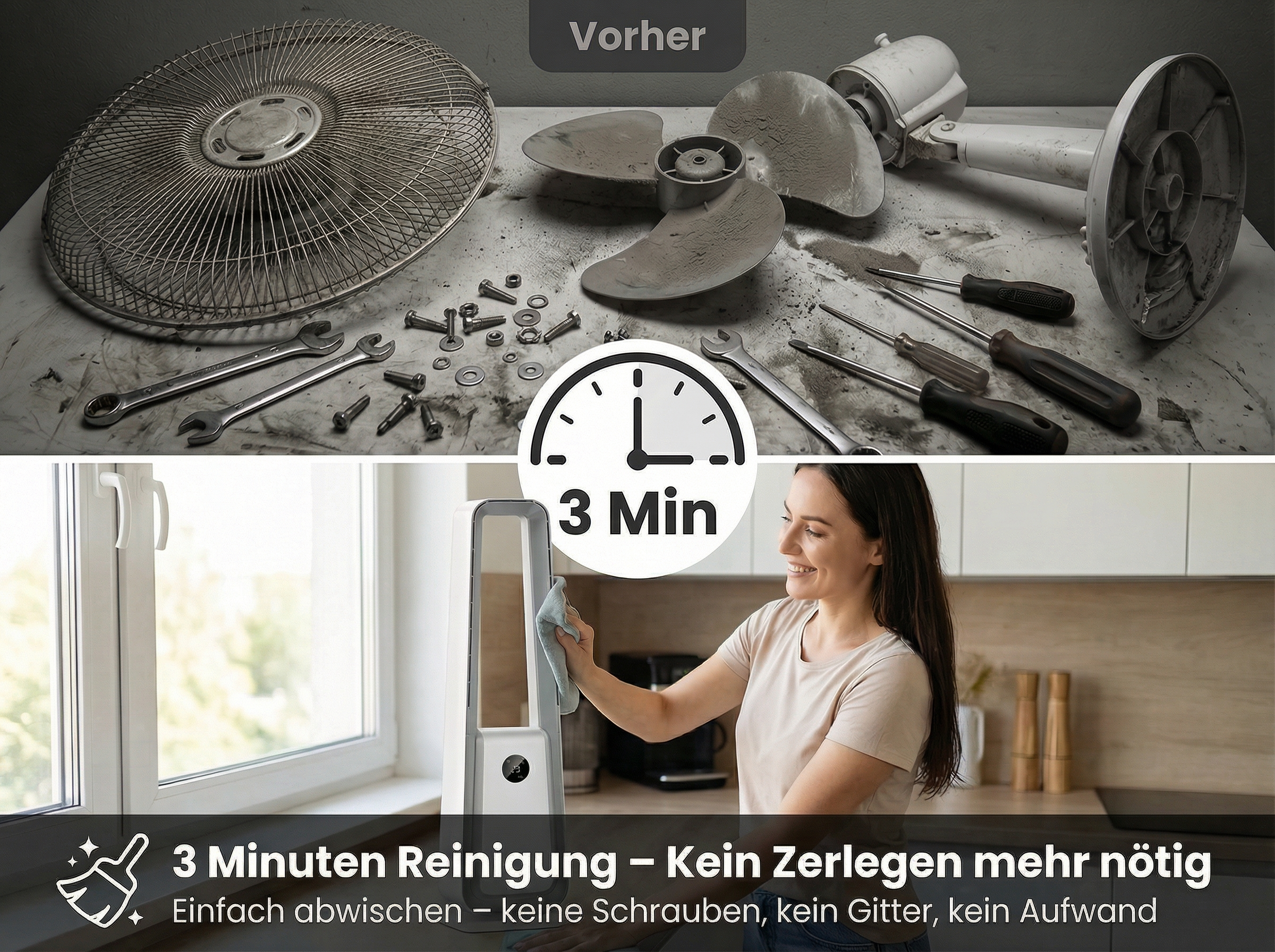 Vorher: staubiger Ventilator zerlegt. Nachher: Frau wischt Ventilator ab.