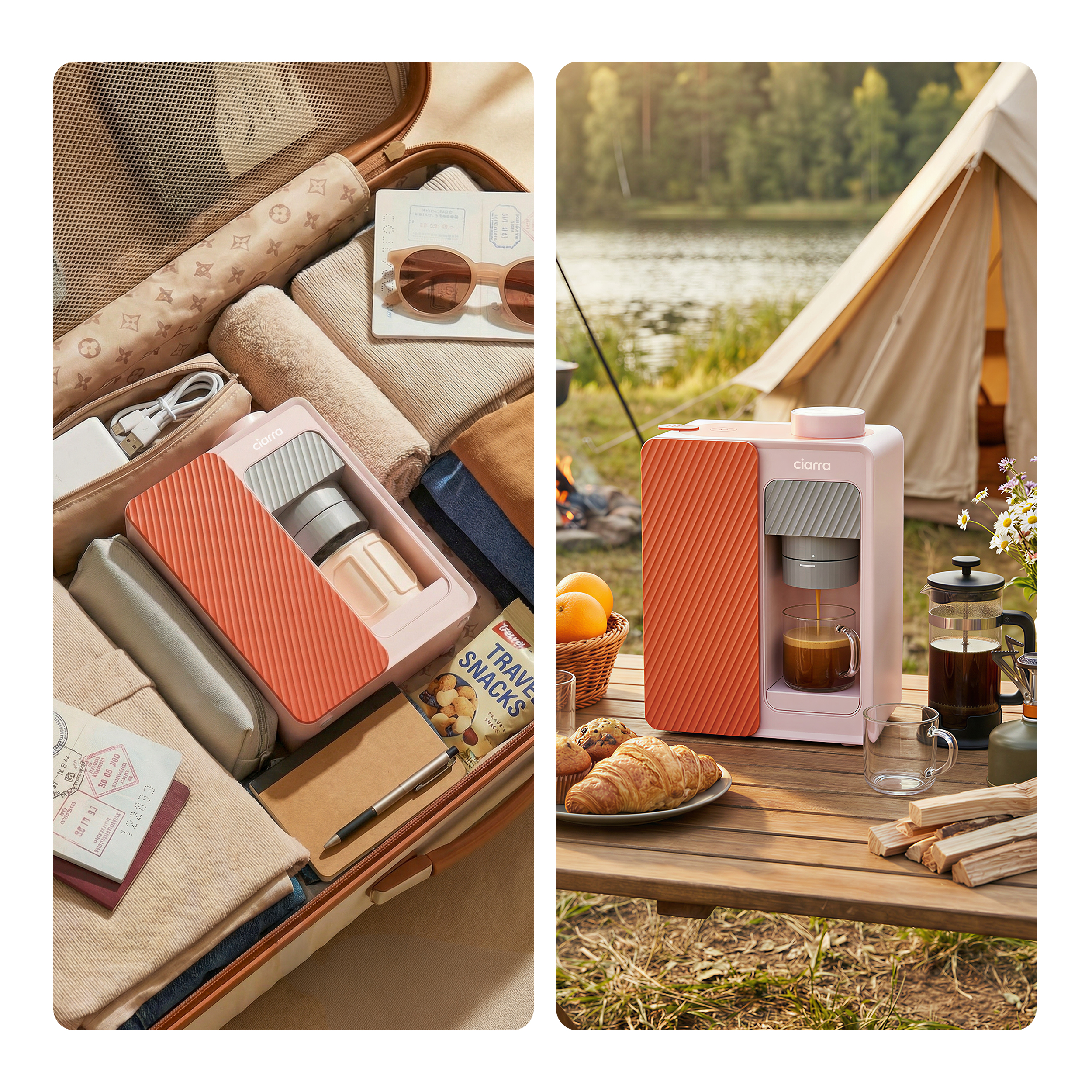 Ein Koffer, gepackt mit ordentlich gefalteter Kleidung, einer Reisekaffeemaschine, Sonnenbrille, Reisepass und Snacks.