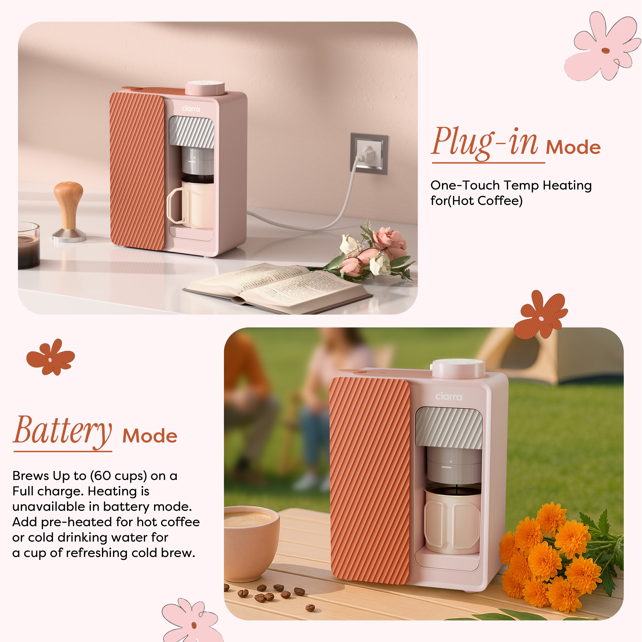 Ein rosa Kaffeeautomat mit orangefarbener Akzentwand, gesteckt und im Akkubetrieb.