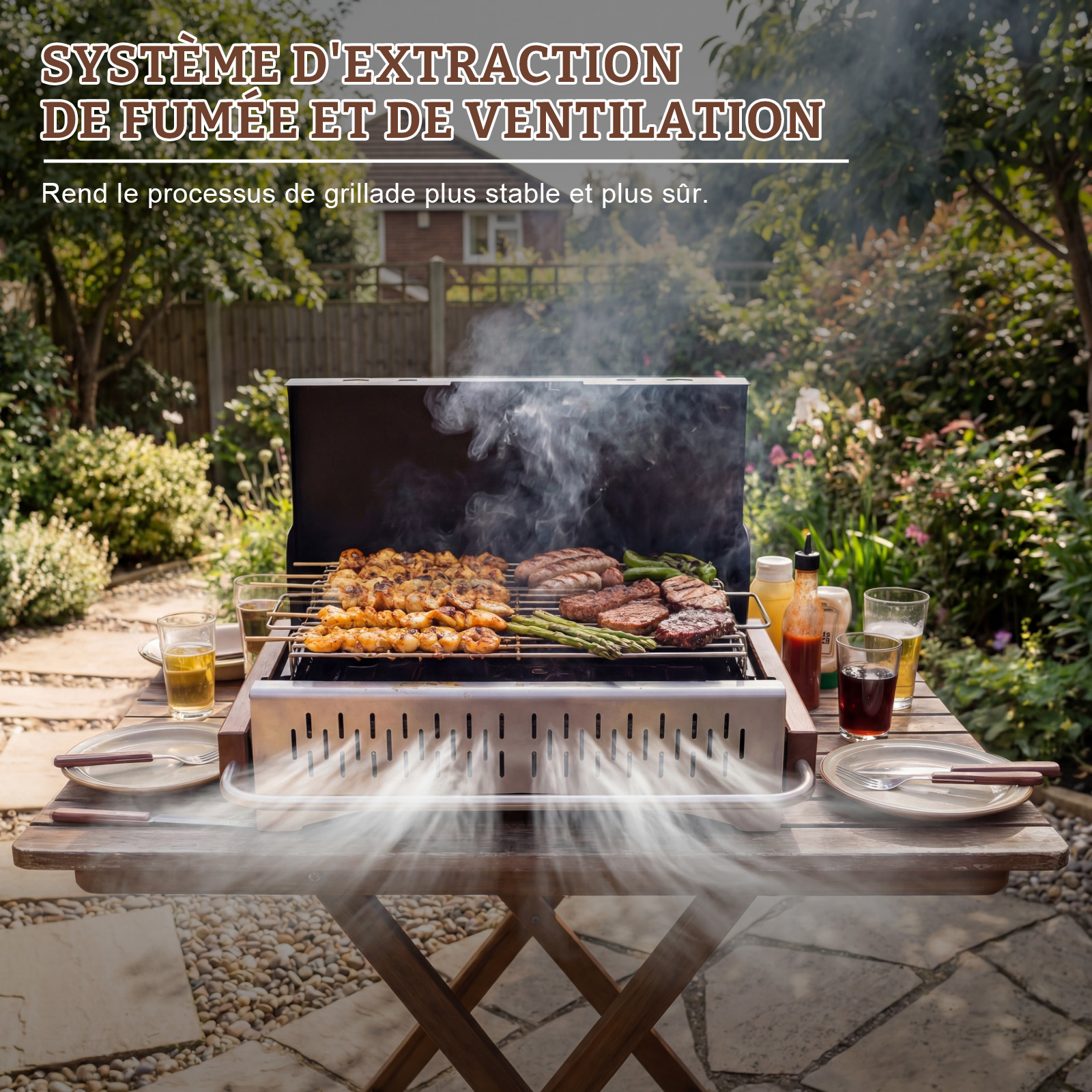 Un grill avec viande, crevettes et asperges dans un jardin, fumée s'élevant.