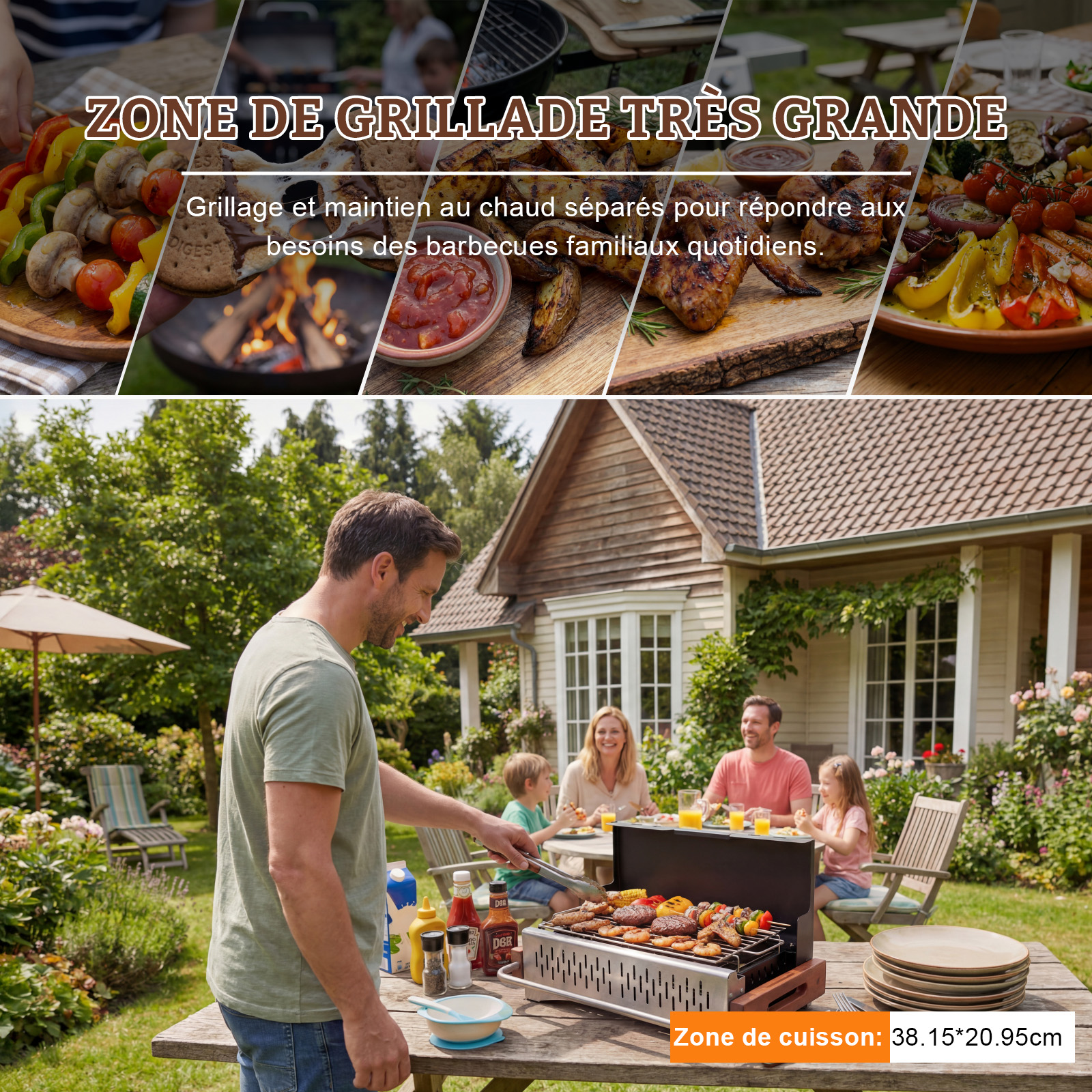 Famille faisant un barbecue dans le jardin. Homme s'occupe du grill, famille à table.