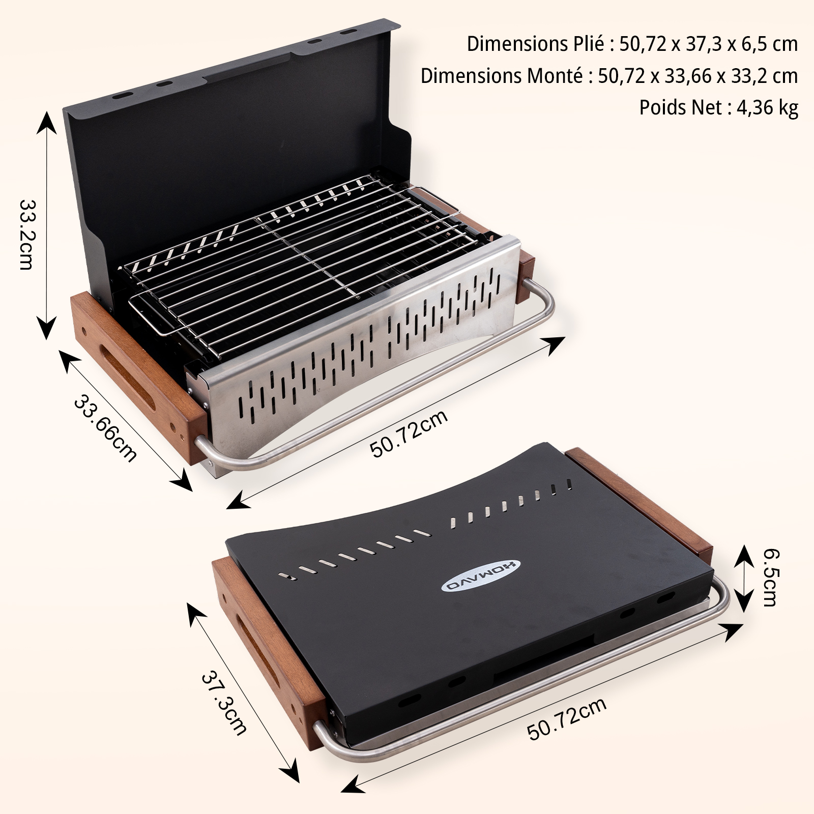 Un barbecue pliant en métal avec poignées en bois. Les dimensions sont indiquées.