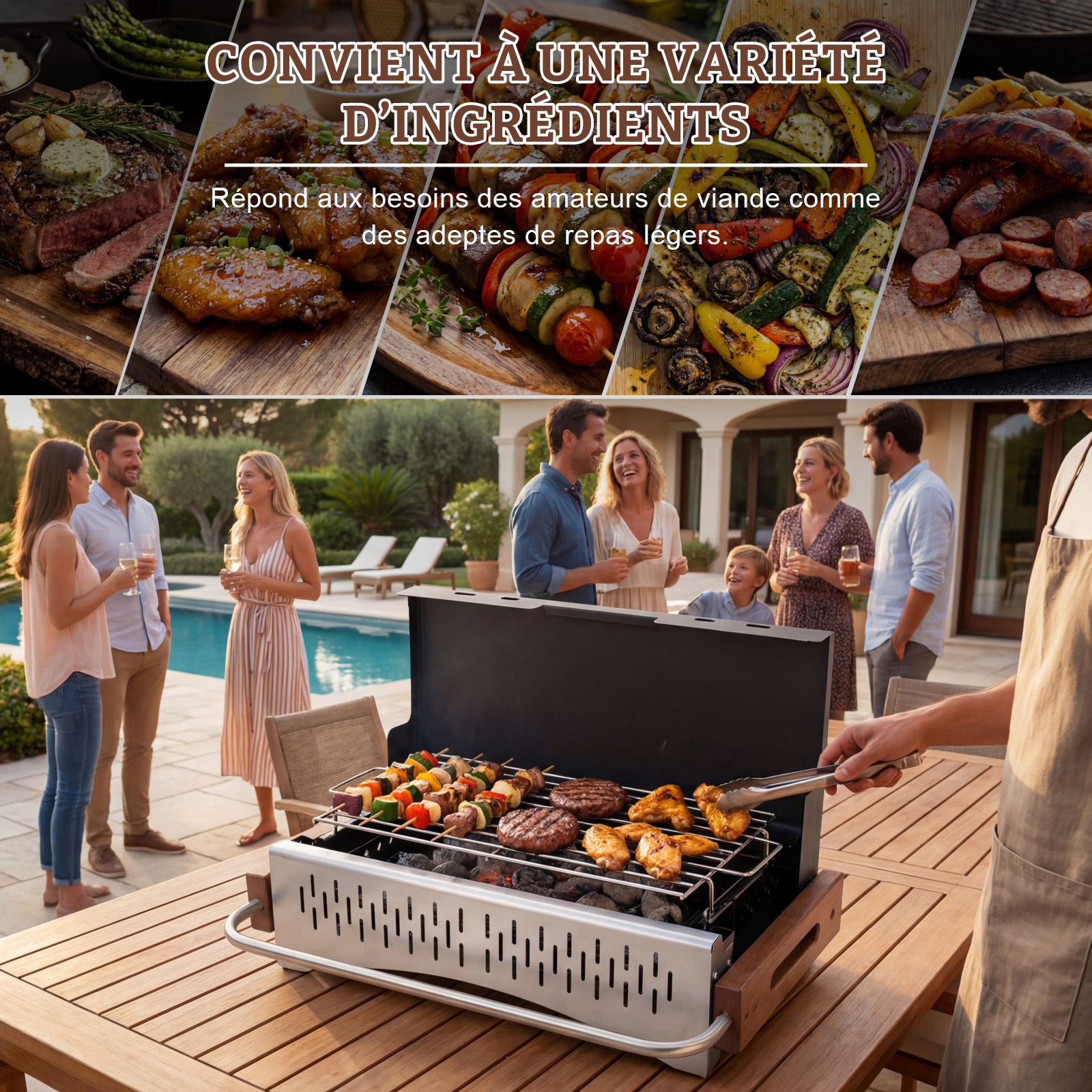 Des gens font griller viande et légumes près d'une piscine, avec texte.